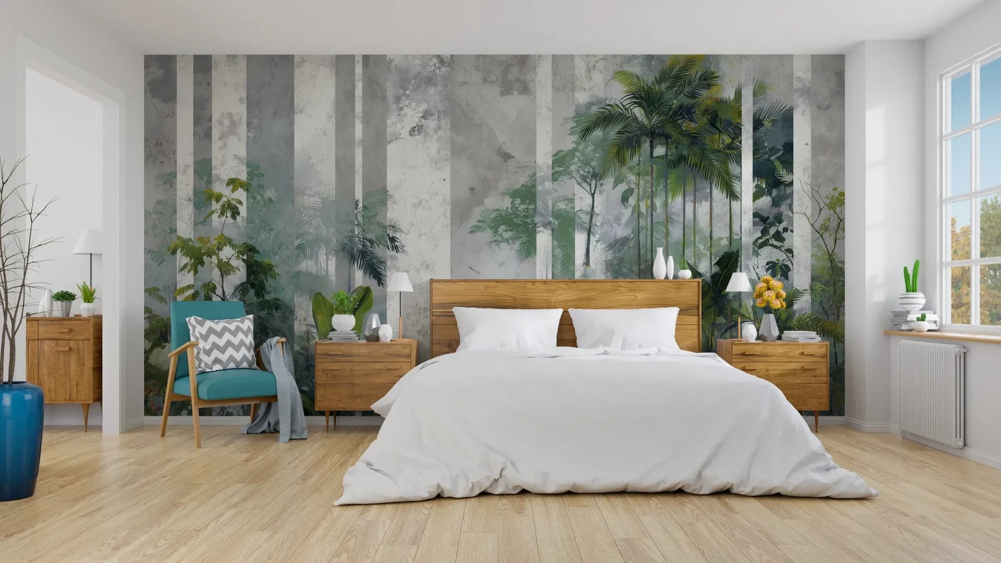 Wzór fototapety FOREST COLUMNS - tapeta z tropikalną mglistą dżunglą pokazanej w aranżacji sypialni.