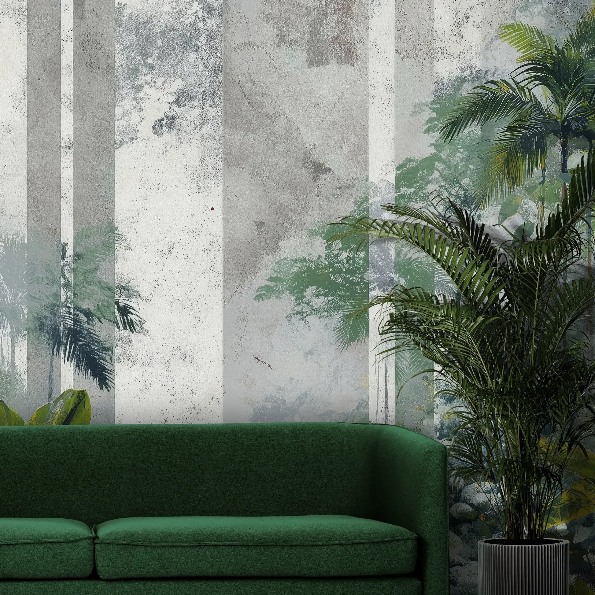 Fototapeta FOREST COLUMNS - tapeta z tropikalną mglistą dżunglą pokazana w aranżacji wnętrza z akcentem na ścianie.