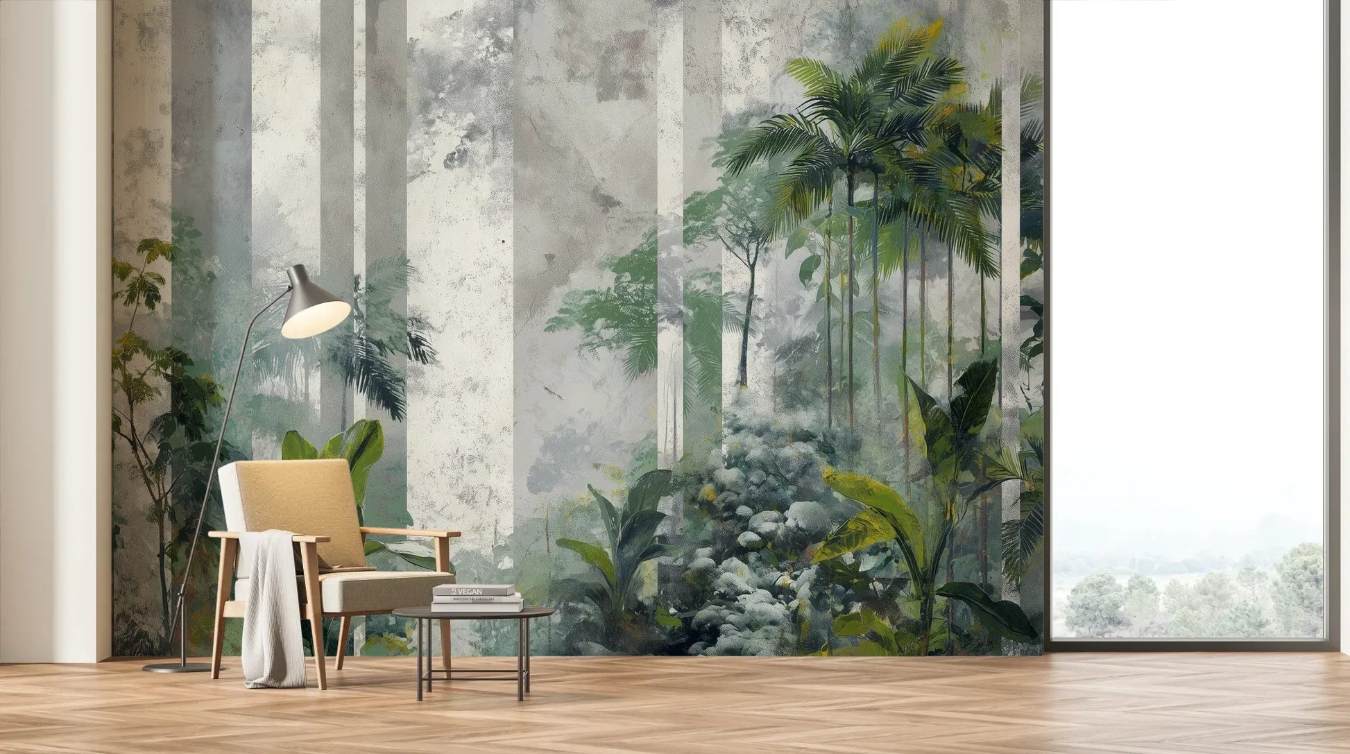 Wzór fototapety FOREST COLUMNS - tapeta z tropikalną mglistą dżunglą pokazanej w aranżacji salonu.