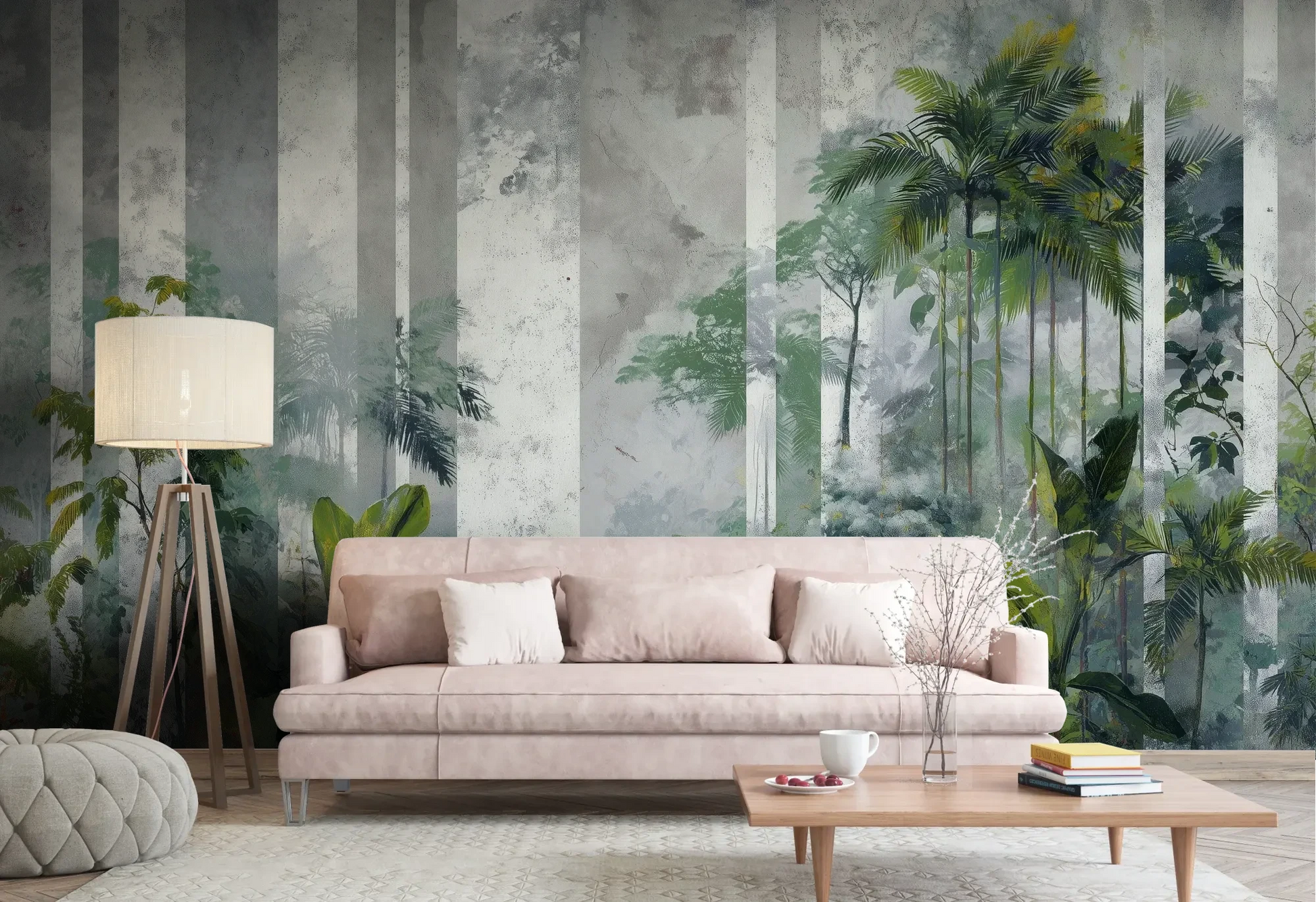 Wzór fototapety FOREST COLUMNS - tapeta z tropikalną mglistą dżunglą pokazanej w aranżacji salonu.
