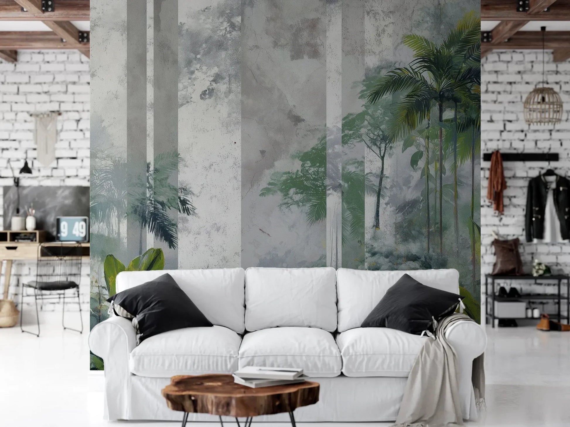Wzór fototapety FOREST COLUMNS - tapeta z tropikalną mglistą dżunglą pokazanej w aranżacji salonu.