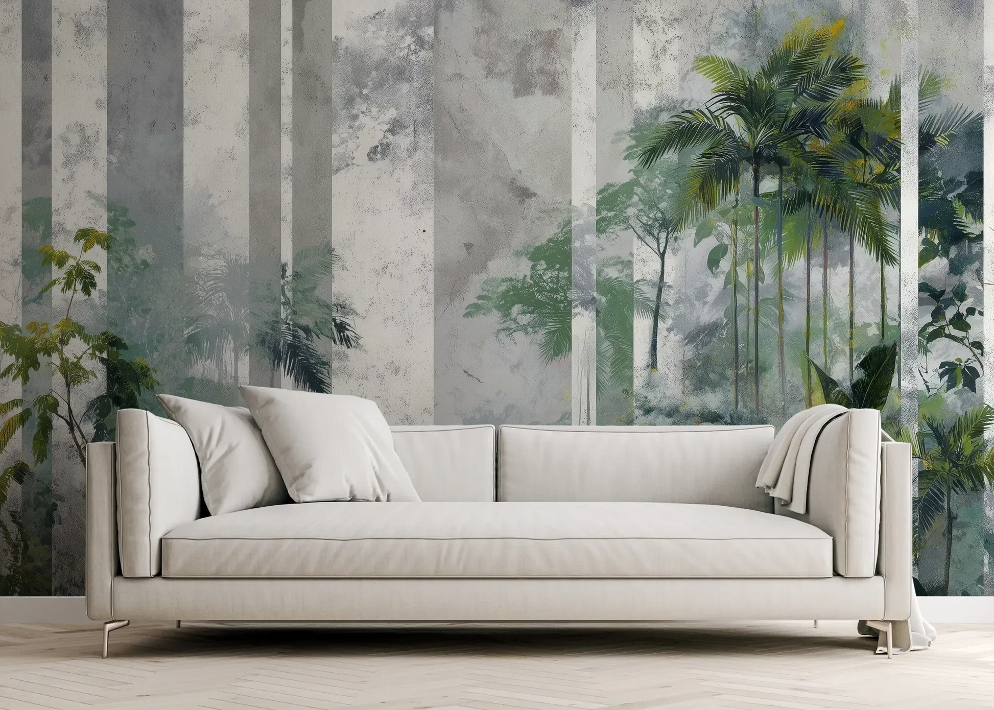 Wzór fototapety FOREST COLUMNS - tapeta z tropikalną mglistą dżunglą pokazanej w aranżacji salonu.