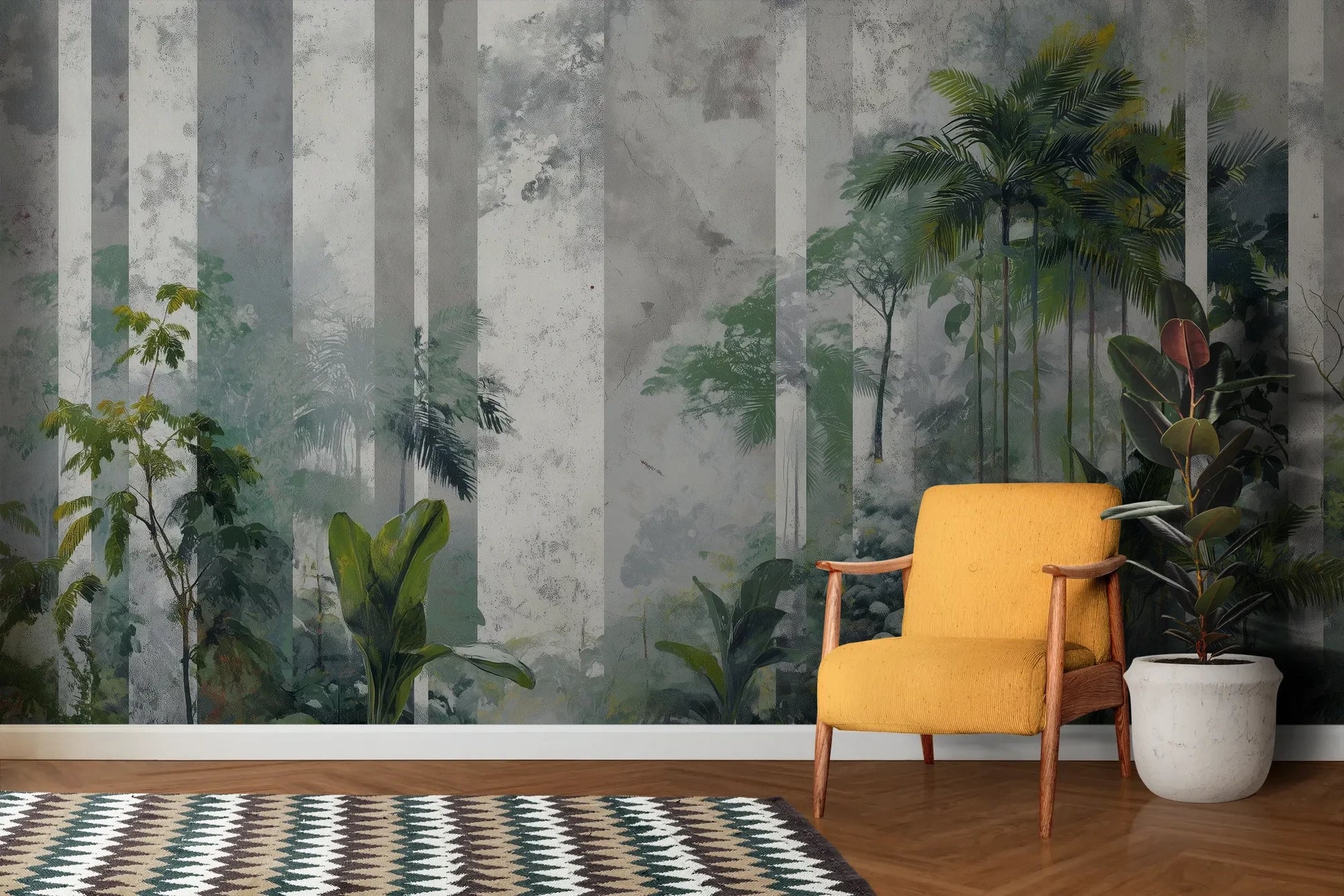 Wzór fototapety FOREST COLUMNS - tapeta z tropikalną mglistą dżunglą pokazanej w aranżacji salonu.