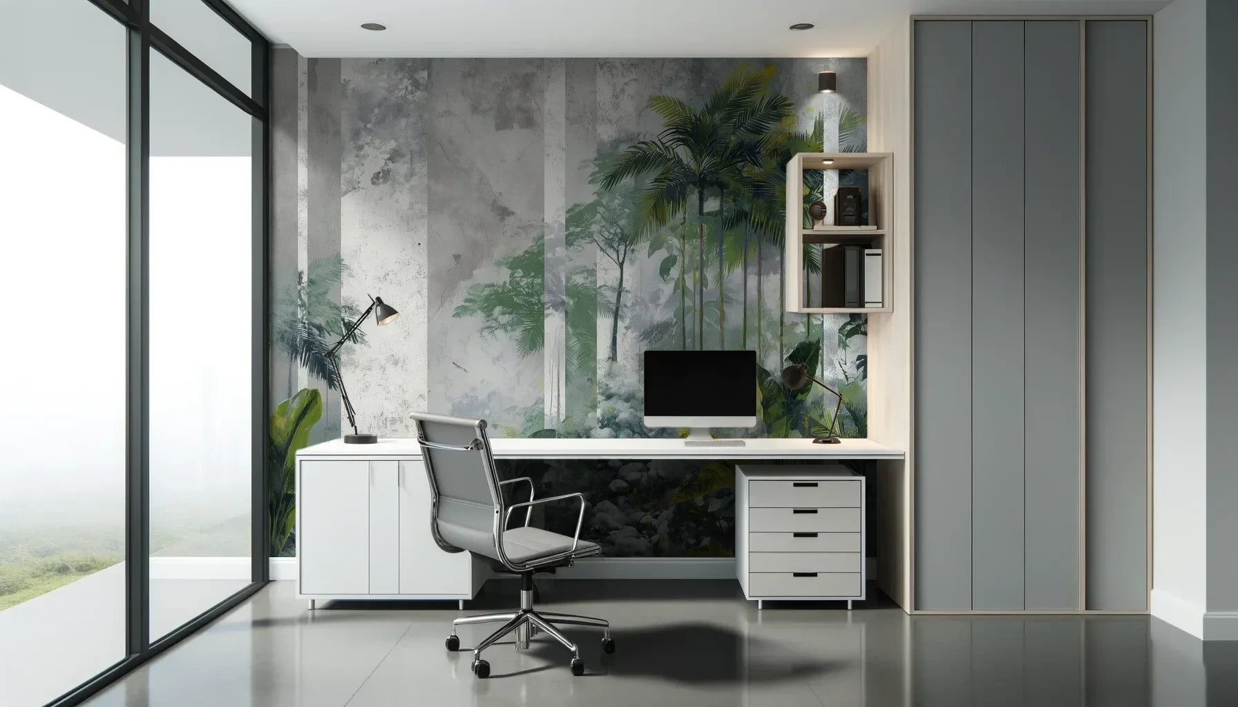 Fototapeta FOREST COLUMNS - tapeta z tropikalną mglistą dżunglą pokazana w aranżacji biura.