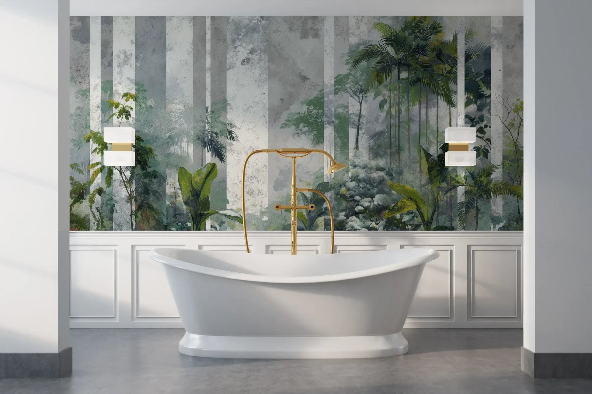 Wzór fototapety FOREST COLUMNS - tapeta z tropikalną mglistą dżunglą pokazanej w aranżacji łazienki.