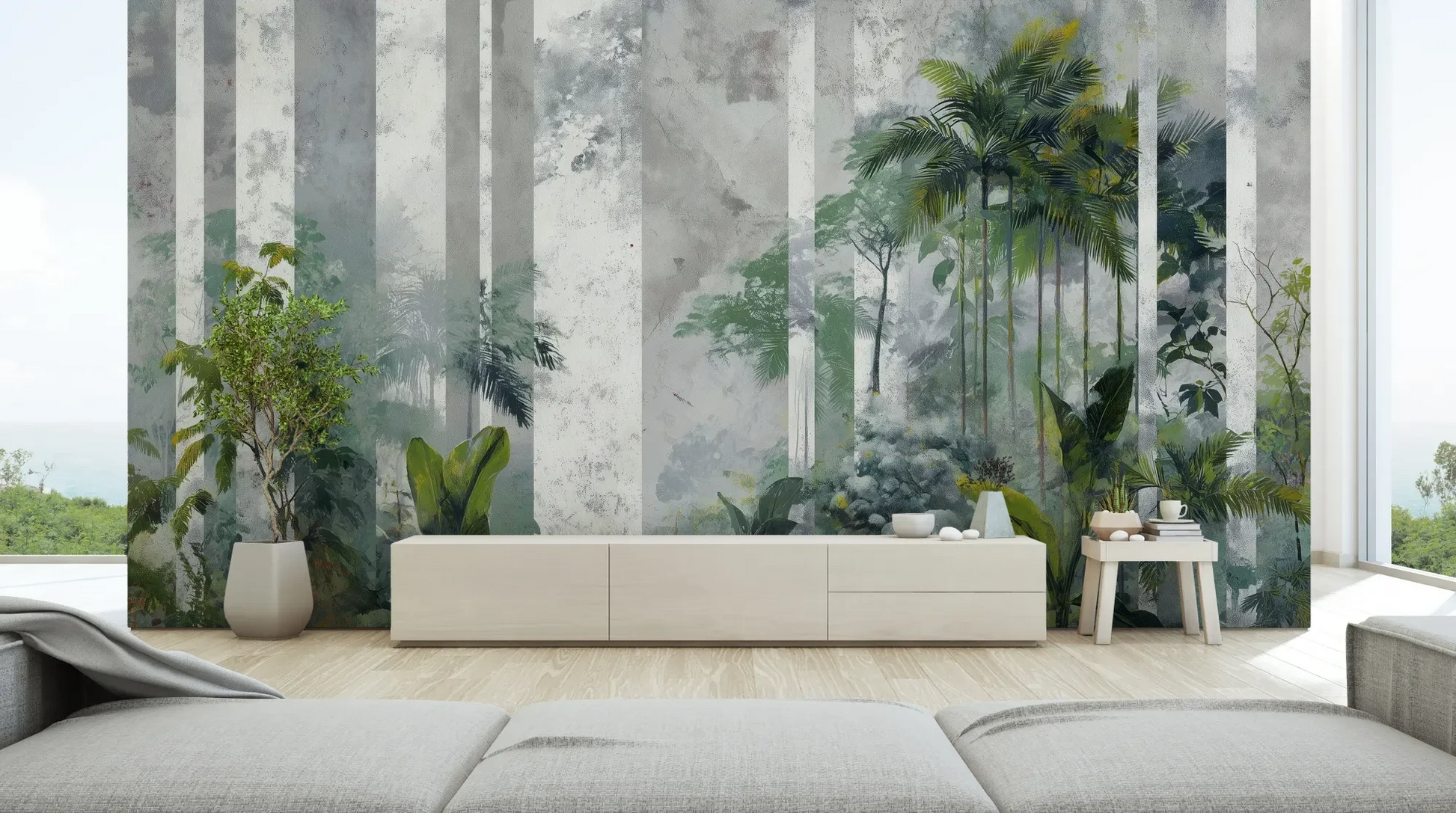Wzór fototapety FOREST COLUMNS - tapeta z tropikalną mglistą dżunglą pokazanej w aranżacji salonu.