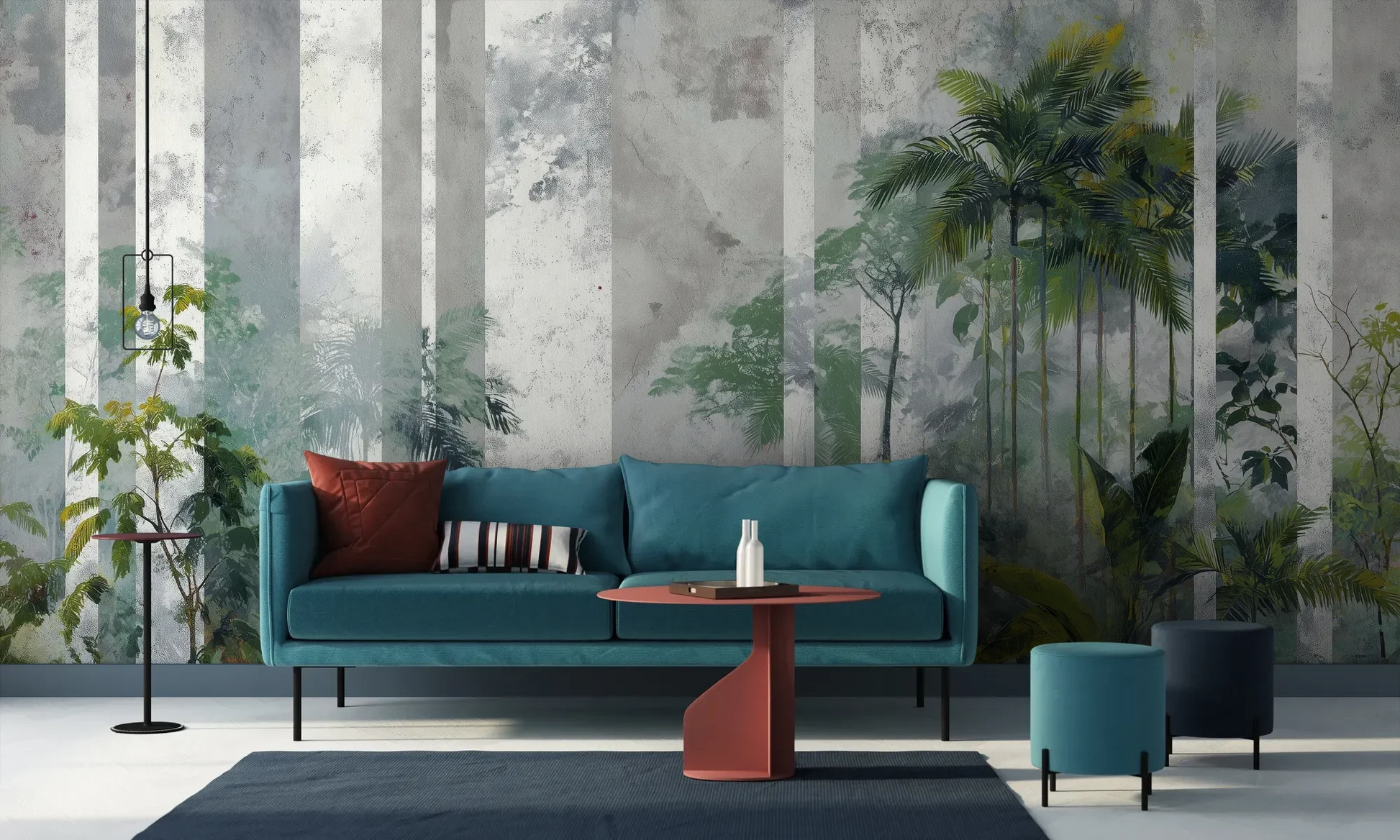 Wzór fototapety FOREST COLUMNS - tapeta z tropikalną mglistą dżunglą pokazanej w aranżacji salonu.
