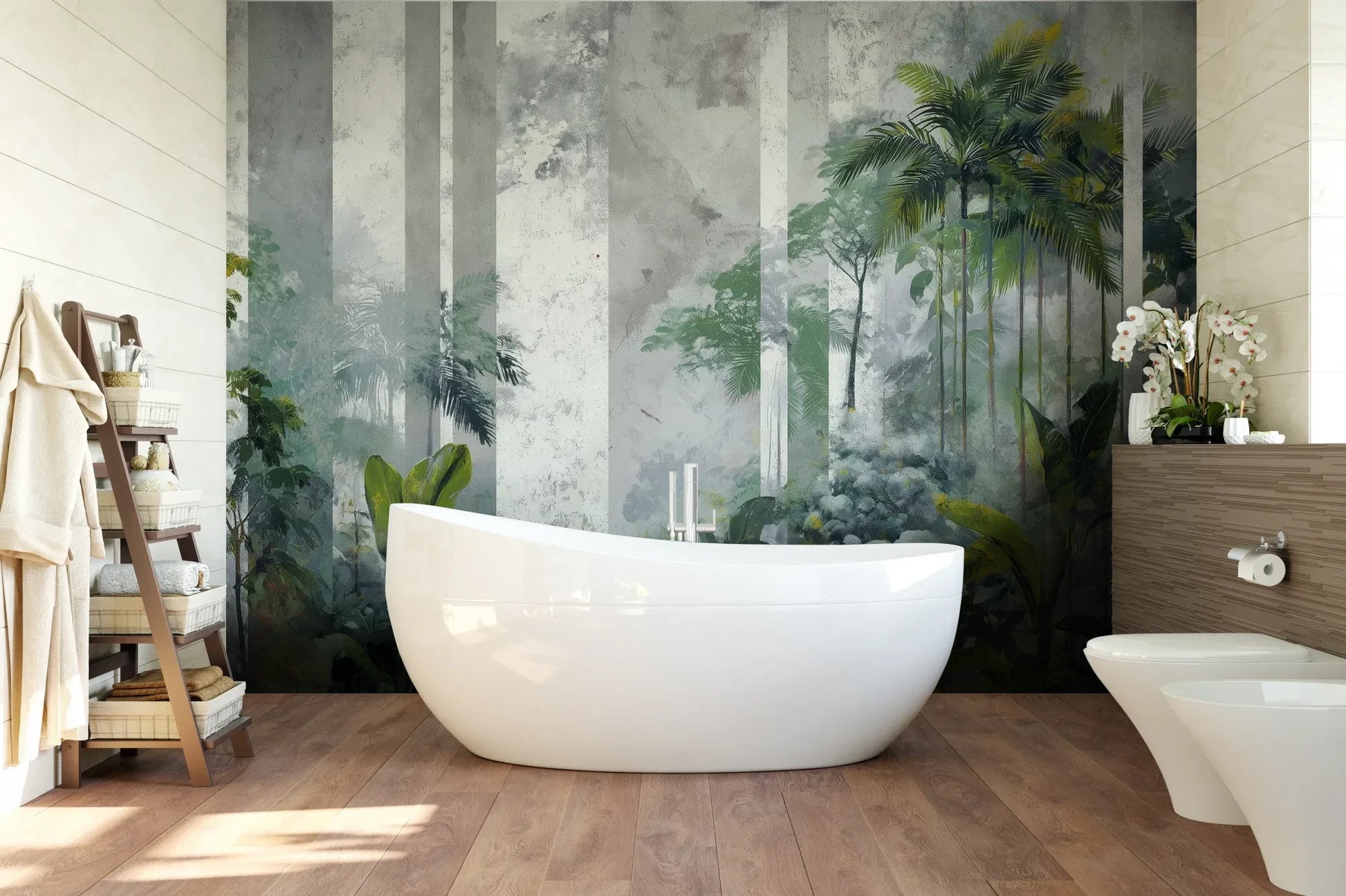 Wzór fototapety FOREST COLUMNS - tapeta z tropikalną mglistą dżunglą pokazanej w aranżacji łazienki.