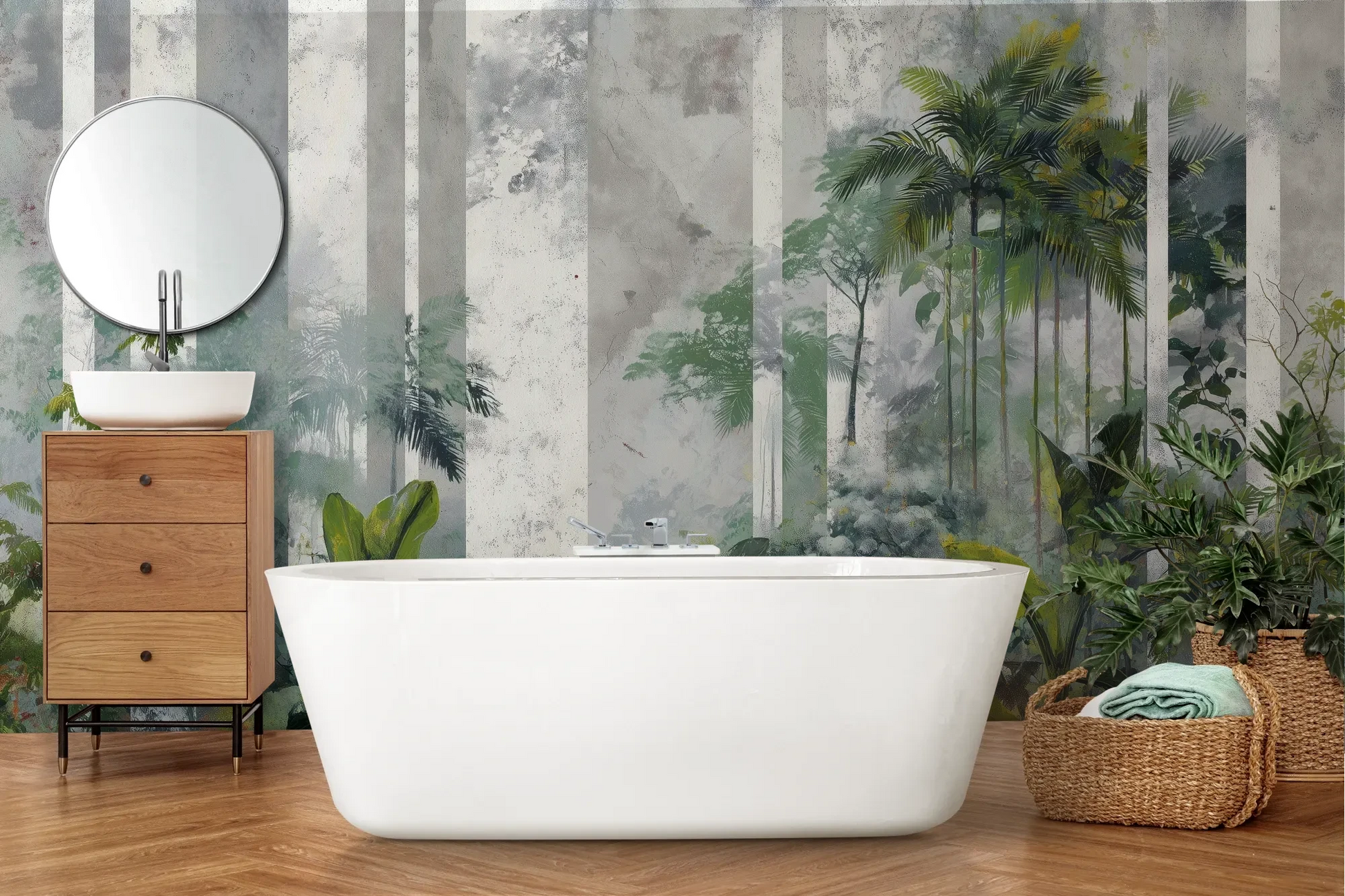 Wzór fototapety FOREST COLUMNS - tapeta z tropikalną mglistą dżunglą pokazanej w aranżacji łazienki.