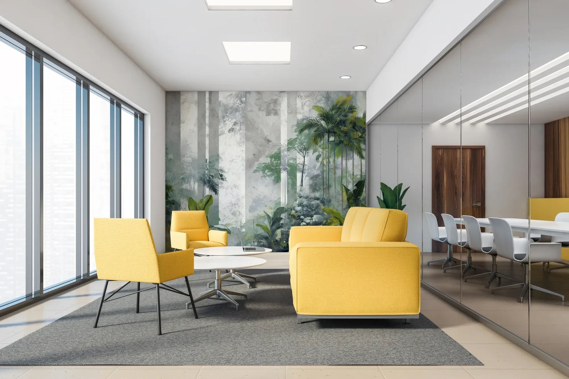 Fototapeta FOREST COLUMNS - tapeta z tropikalną mglistą dżunglą w aranżacji wnętrza.