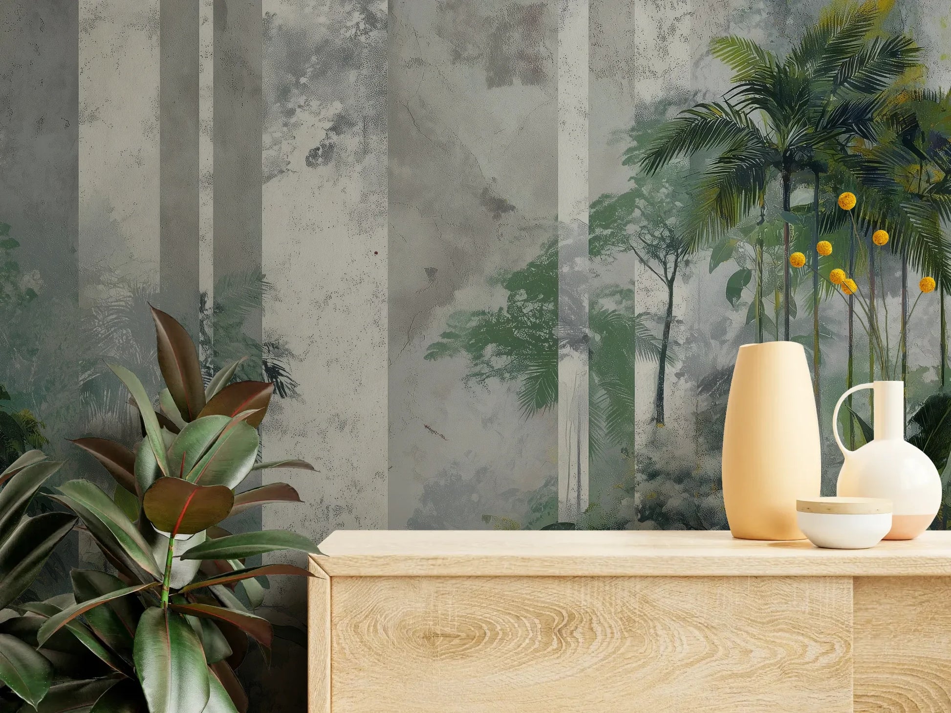 Fototapeta FOREST COLUMNS - tapeta z tropikalną mglistą dżunglą pokazana w aranżacji wnętrza z akcentem na ścianie.