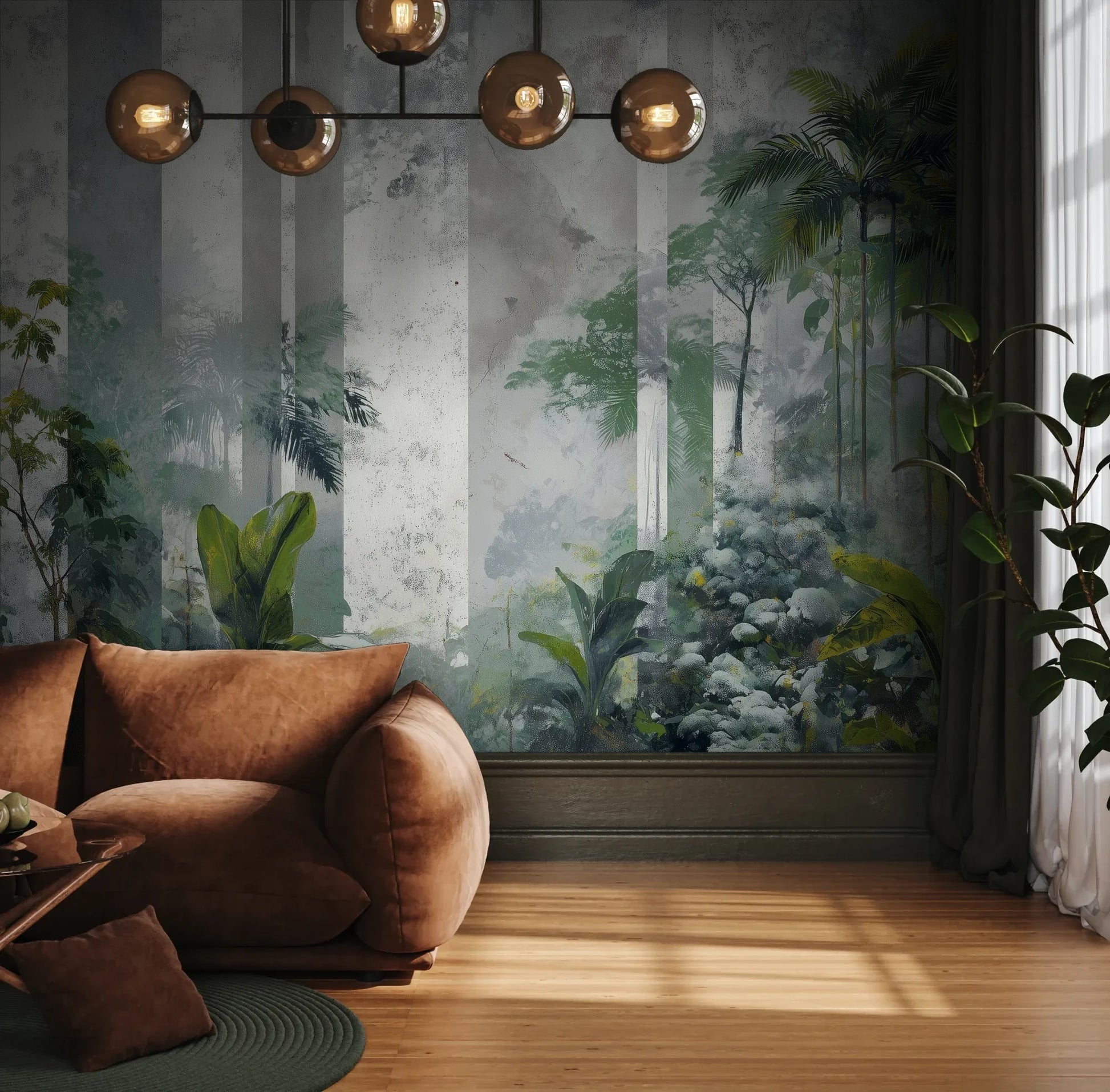 Fototapeta FOREST COLUMNS - tapeta z tropikalną mglistą dżunglą pokazana w aranżacji wnętrza z akcentem na ścianie.