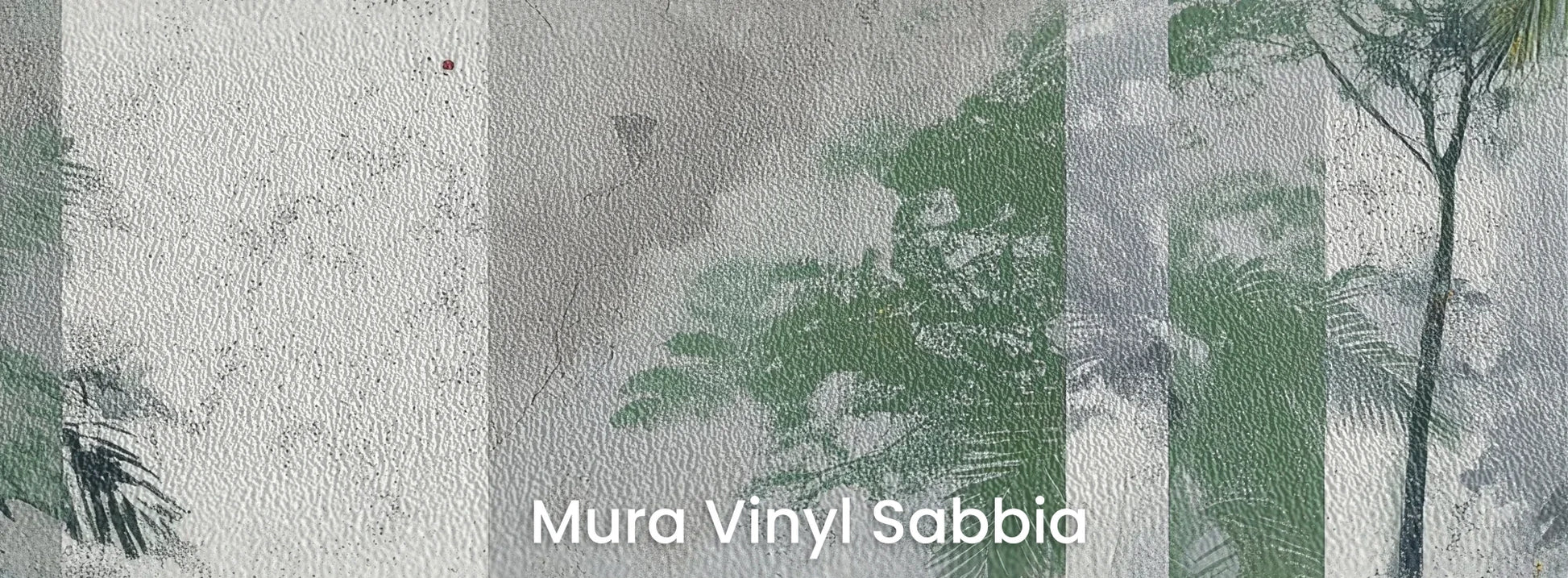 Zbliżenie na fototapetę FOREST COLUMNS - tapeta z tropikalną mglistą dżunglą na podłożu o strukturze ziarna piasku.