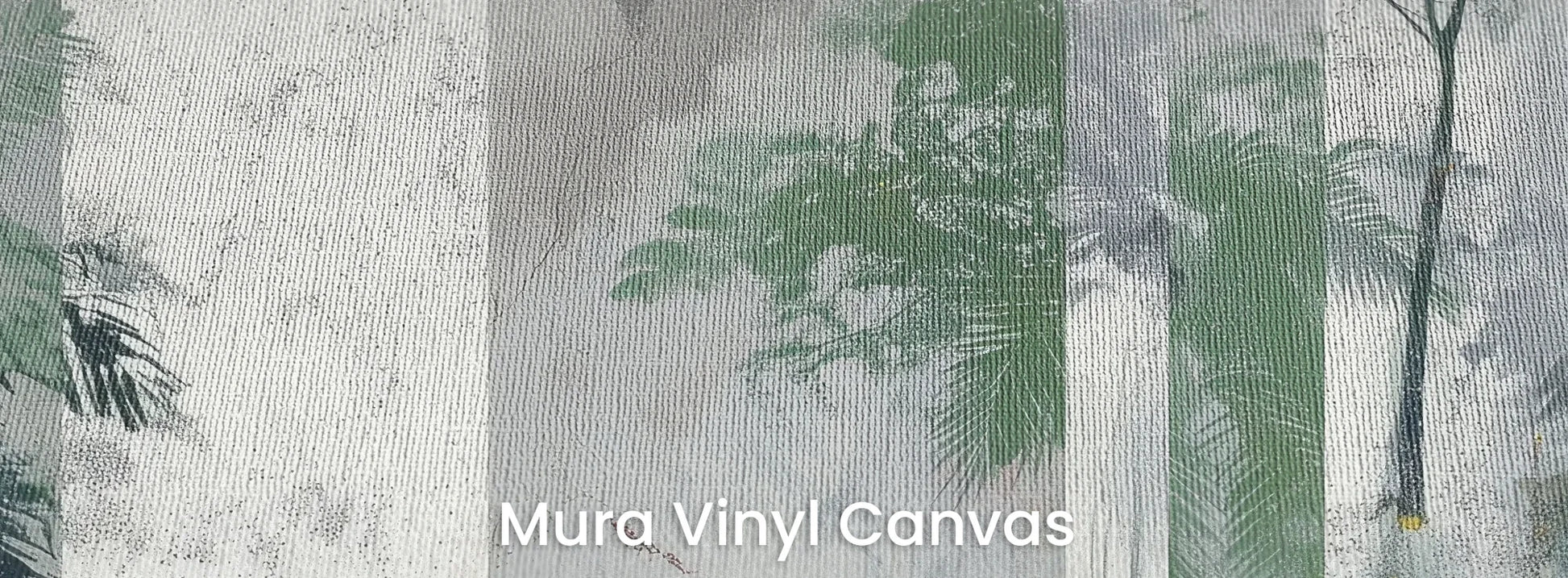 Zbliżenie na fototapetę FOREST COLUMNS - tapeta z tropikalną mglistą dżunglą na podłożu o fakturze płótna.