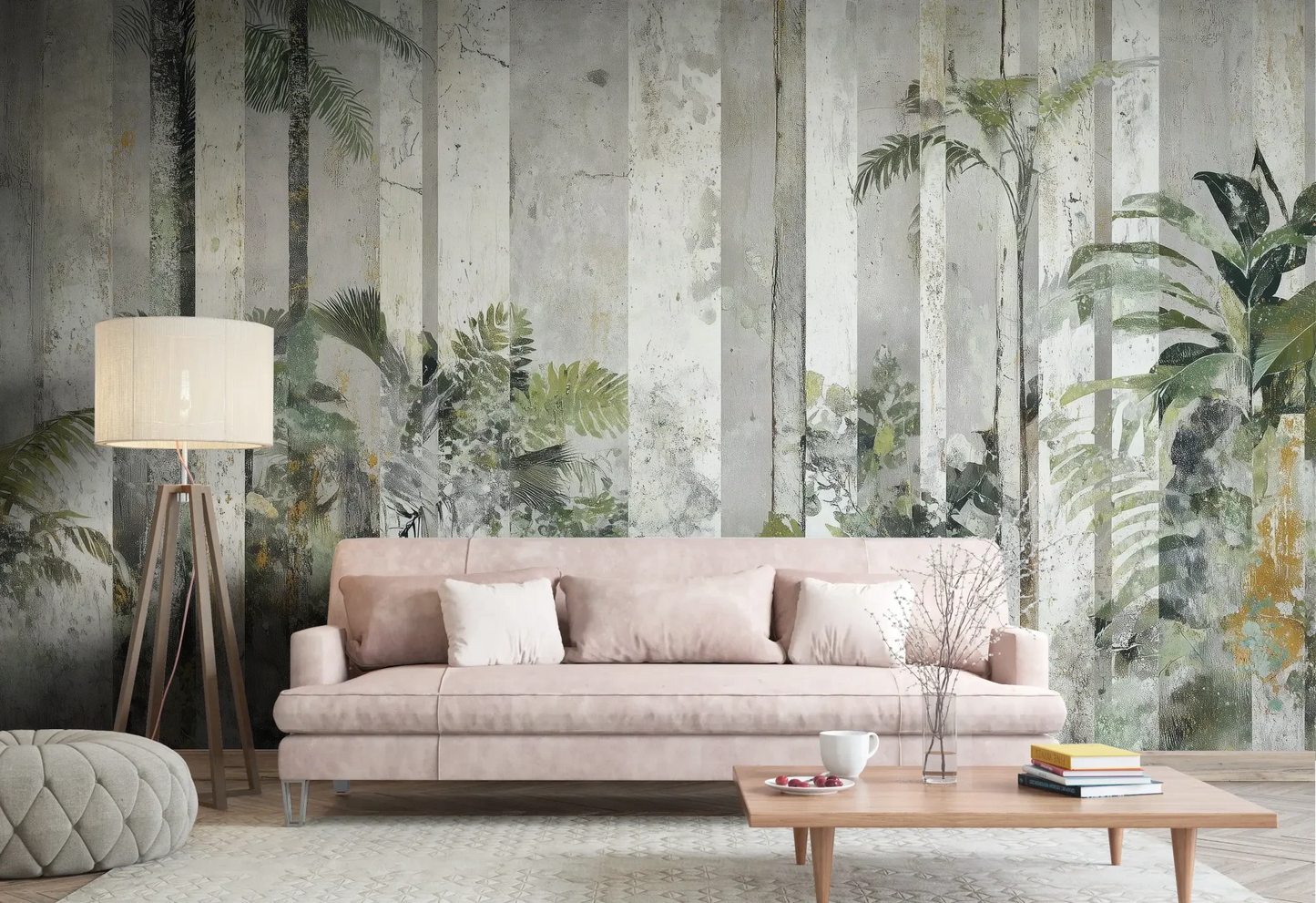 Wzór fototapety SILVER BIRCH - tapeta z leśnymi kolumnami we mgle pokazanej w aranżacji salonu.