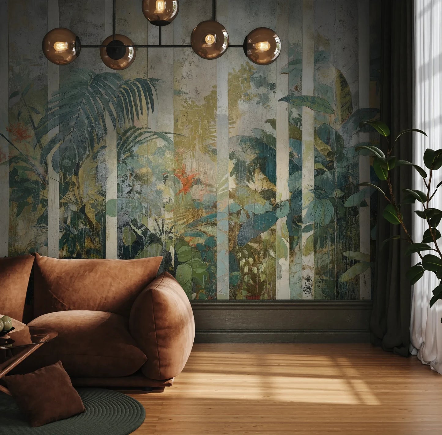 Fototapeta BAMBOO DREAMS - tapeta z tropikalną dżunglą w pionowych pasach pokazana w aranżacji wnętrza z akcentem na ścianie.