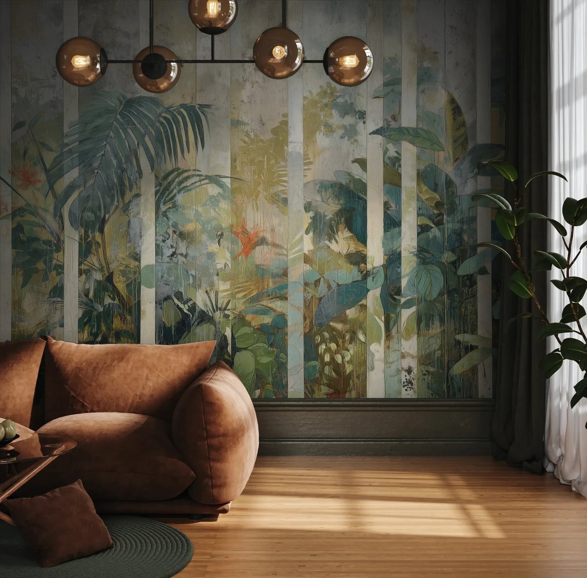Fototapeta BAMBOO DREAMS - tapeta z tropikalną dżunglą w pionowych pasach pokazana w aranżacji wnętrza z akcentem na ścianie.