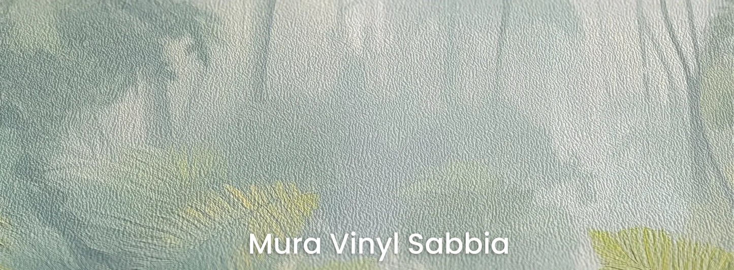 Zbliżenie na fototapetę MISTY EMBRACE - tapeta z tropikalną dżunglą we mgle na podłożu o strukturze ziarna piasku.