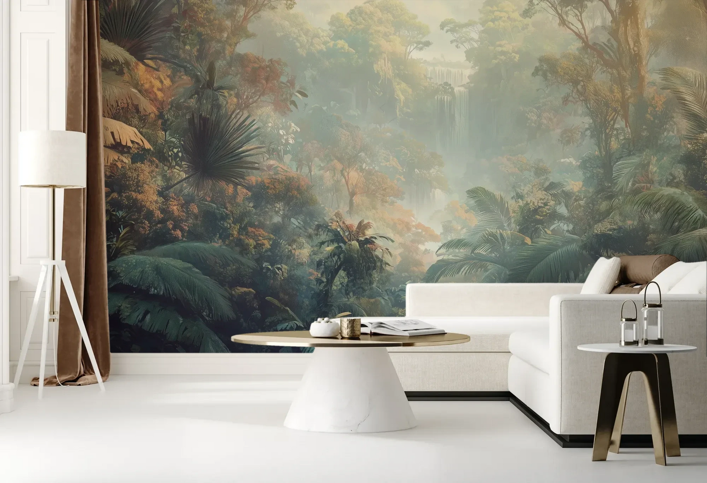 Wzór fototapety MISTY TROPICALE - tapeta z tajemniczą tropikalną dżunglą pokazanej w aranżacji salonu.