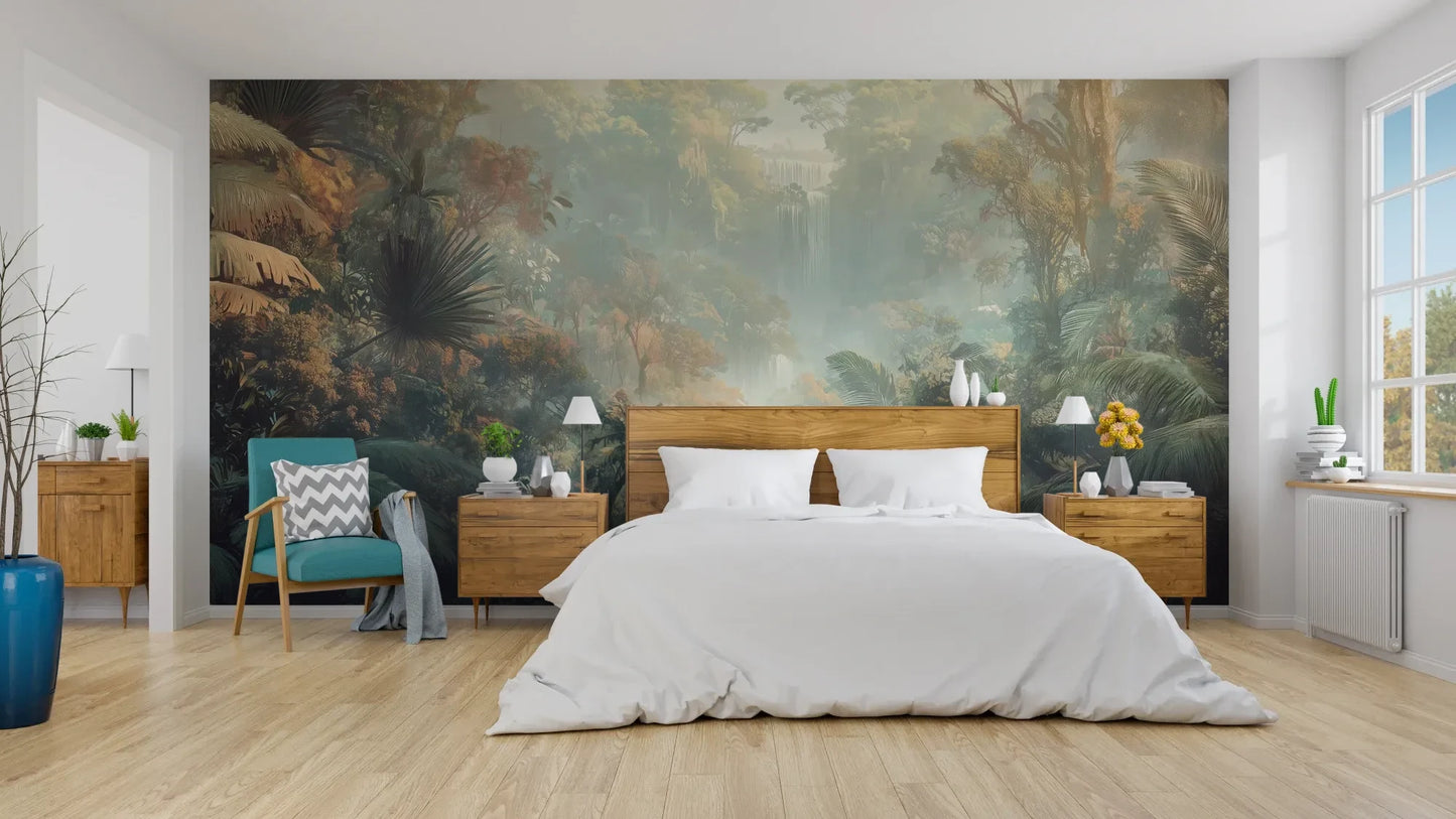 Wzór fototapety MISTY TROPICALE - tapeta z tajemniczą tropikalną dżunglą pokazanej w aranżacji sypialni.