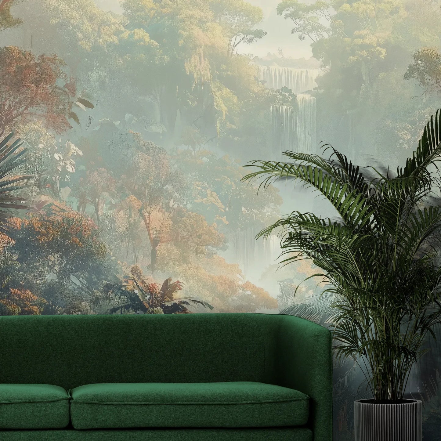 Fototapeta MISTY TROPICALE - tapeta z tajemniczą tropikalną dżunglą pokazana w aranżacji wnętrza z akcentem na ścianie.