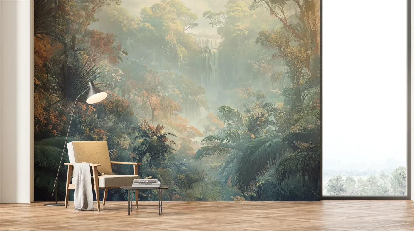 Wzór fototapety MISTY TROPICALE - tapeta z tajemniczą tropikalną dżunglą pokazanej w aranżacji salonu.