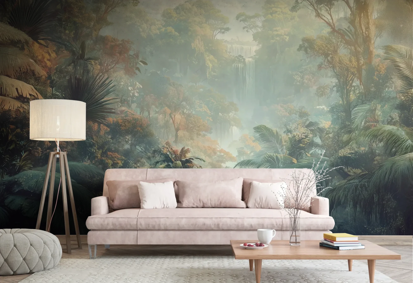 Wzór fototapety MISTY TROPICALE - tapeta z tajemniczą tropikalną dżunglą pokazanej w aranżacji salonu.