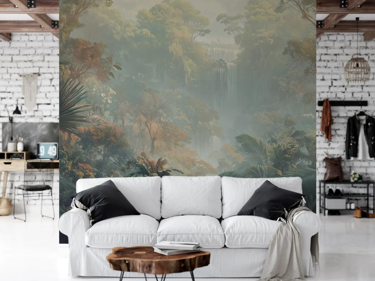 Wzór fototapety MISTY TROPICALE - tapeta z tajemniczą tropikalną dżunglą pokazanej w aranżacji salonu.