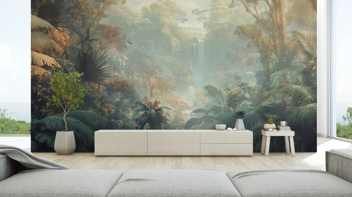 Wzór fototapety MISTY TROPICALE - tapeta z tajemniczą tropikalną dżunglą pokazanej w aranżacji salonu.