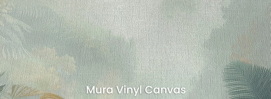 Zbliżenie na fototapetę MISTED PALMS - tapeta z tropikalną dżunglą we mgle na podłożu o fakturze płótna.