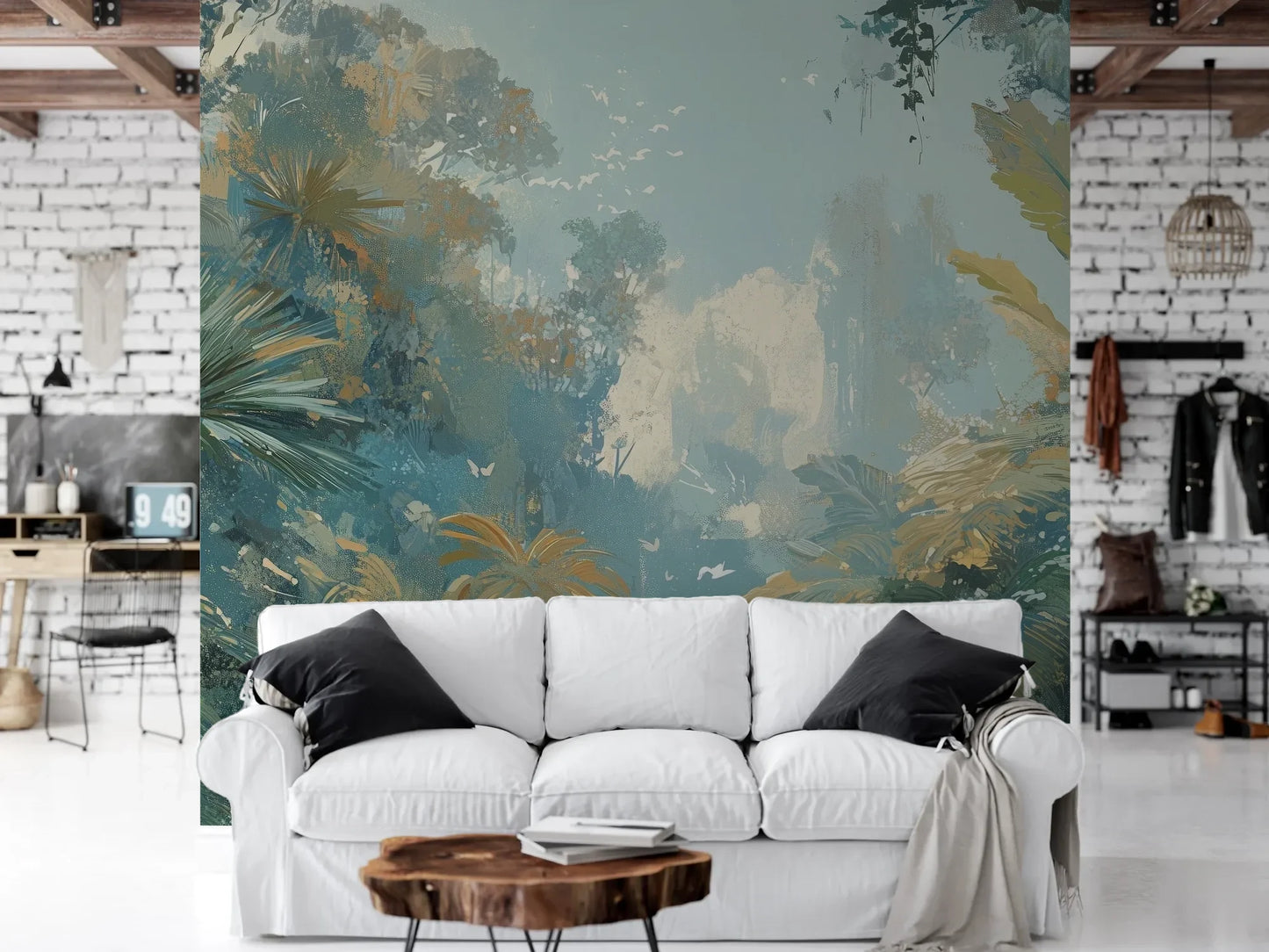 Wzór fototapety MISTY LAGOON - tapeta z tropikalną dżunglą w pastelowych odcieniach pokazanej w aranżacji salonu.