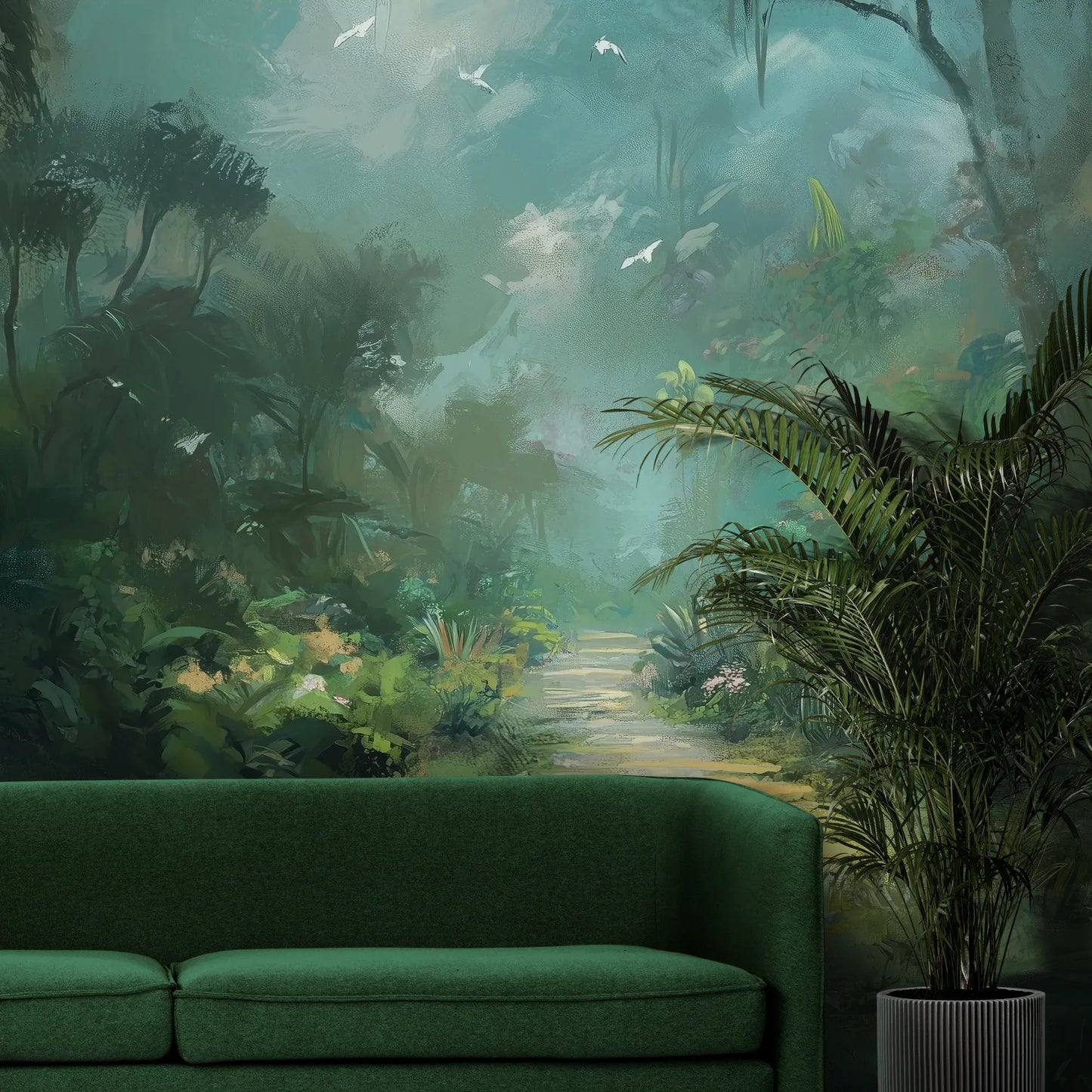 Fototapeta ETHEREAL PATHWAY - tapeta z tajemniczą leśną ścieżką w mistycznej poświacie pokazana w aranżacji wnętrza z akcentem na ścianie.