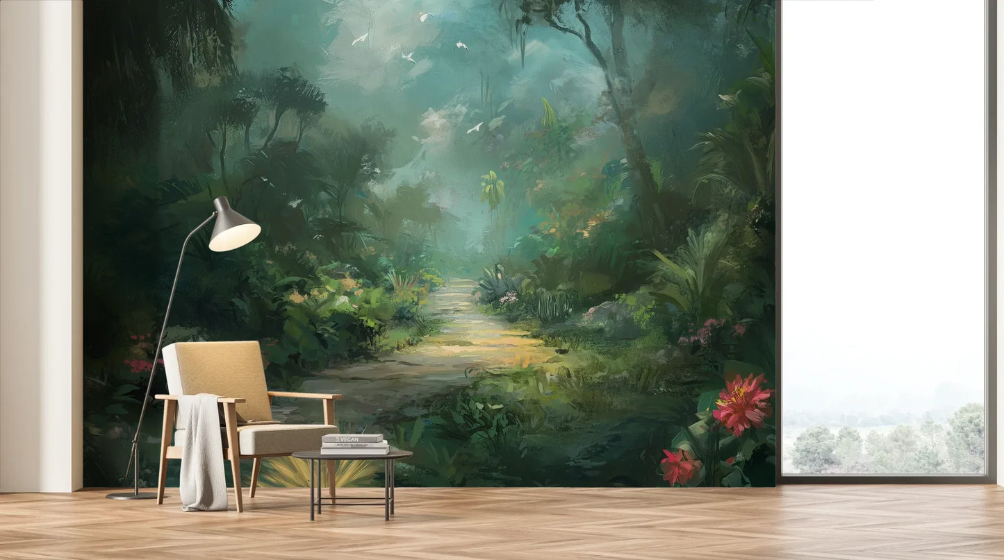 Wzór fototapety ETHEREAL PATHWAY - tapeta z tajemniczą leśną ścieżką w mistycznej poświacie pokazanej w aranżacji salonu.