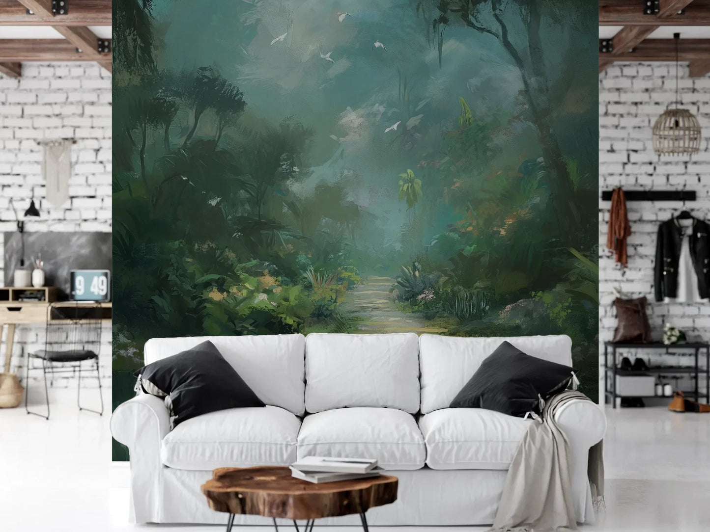 Wzór fototapety ETHEREAL PATHWAY - tapeta z tajemniczą leśną ścieżką w mistycznej poświacie pokazanej w aranżacji salonu.