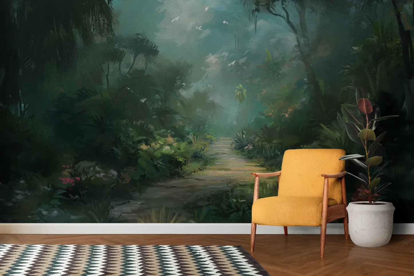 Wzór fototapety ETHEREAL PATHWAY - tapeta z tajemniczą leśną ścieżką w mistycznej poświacie pokazanej w aranżacji salonu.