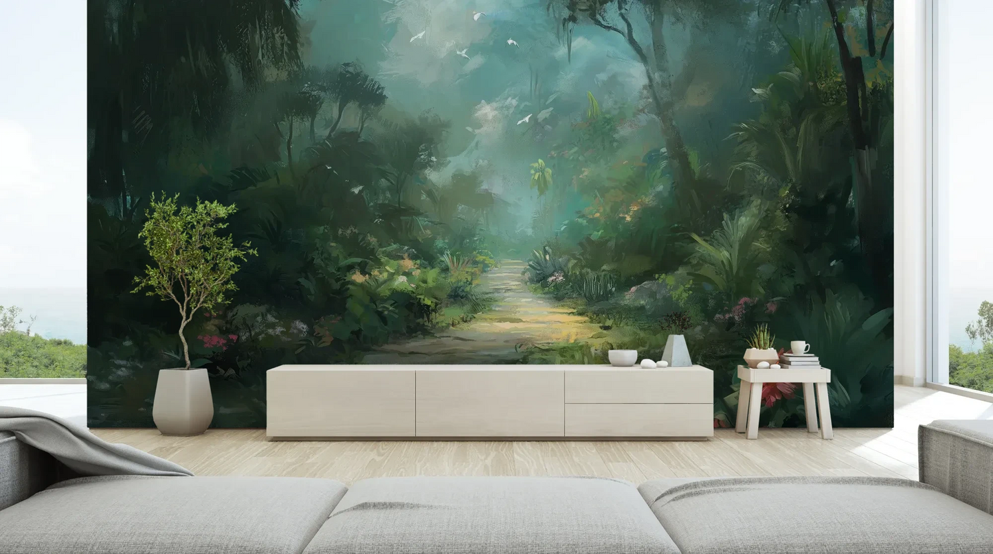 Wzór fototapety ETHEREAL PATHWAY - tapeta z tajemniczą leśną ścieżką w mistycznej poświacie pokazanej w aranżacji salonu.