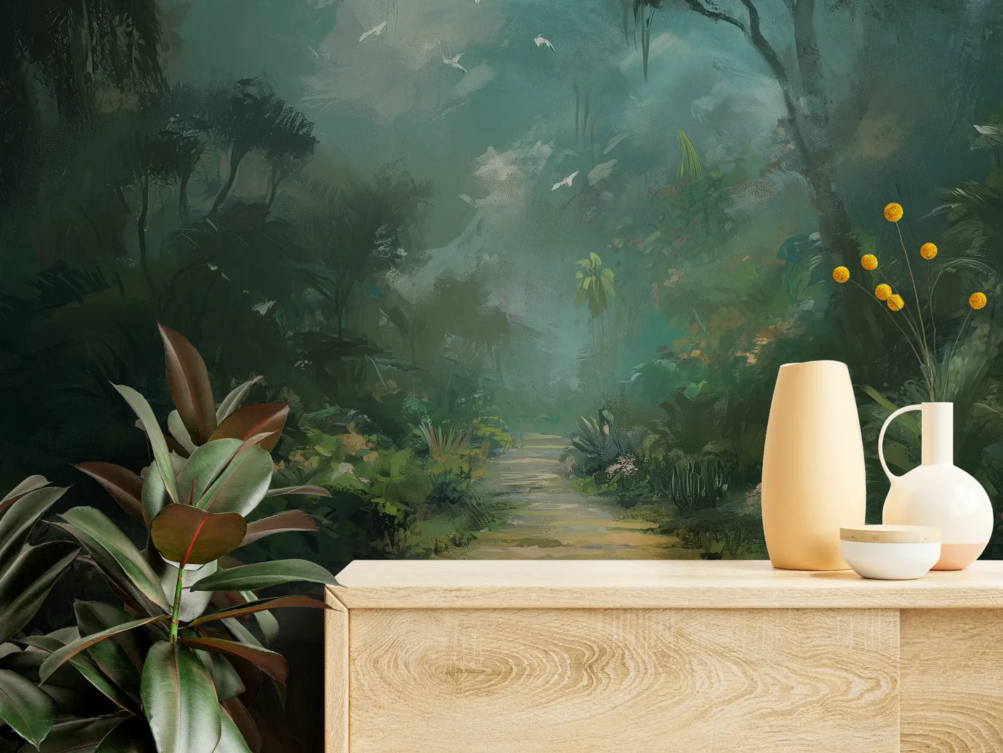 Fototapeta ETHEREAL PATHWAY - tapeta z tajemniczą leśną ścieżką w mistycznej poświacie pokazana w aranżacji wnętrza z akcentem na ścianie.