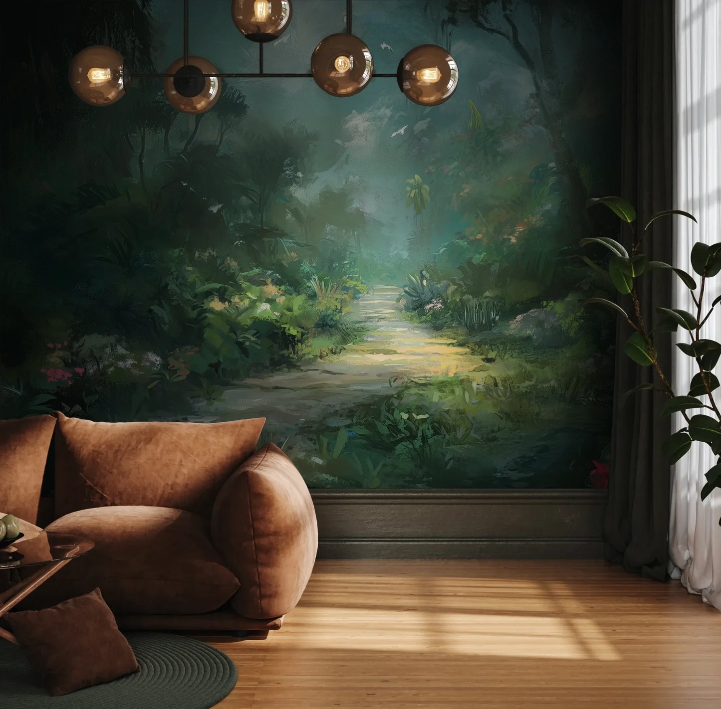 Fototapeta ETHEREAL PATHWAY - tapeta z tajemniczą leśną ścieżką w mistycznej poświacie pokazana w aranżacji wnętrza z akcentem na ścianie.