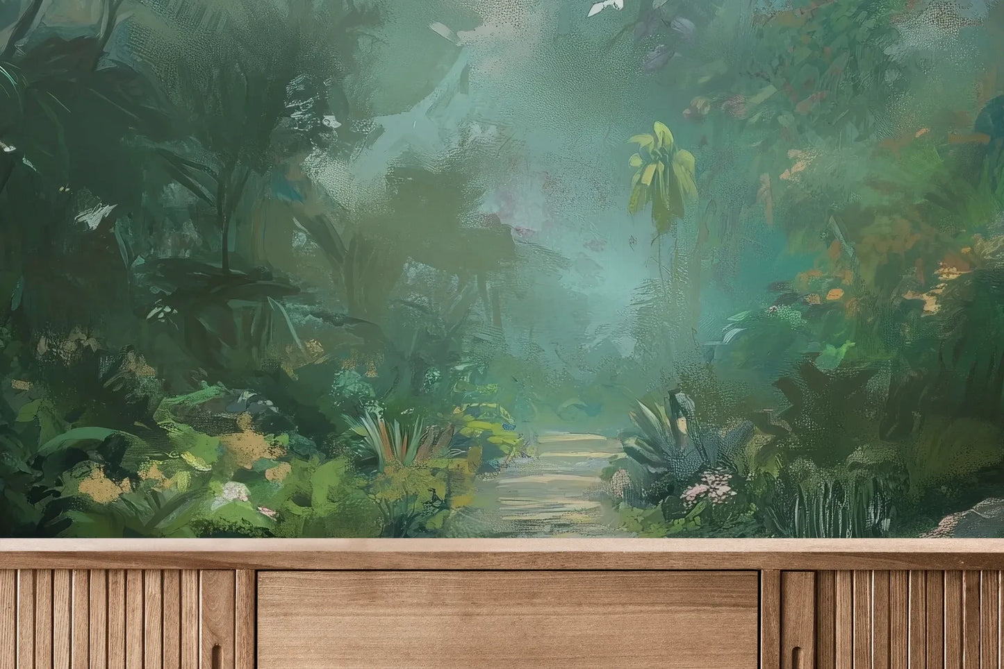 Fototapeta ETHEREAL PATHWAY - tapeta z tajemniczą leśną ścieżką w mistycznej poświacie pokazana w aranżacji wnętrza z akcentem na ścianie.