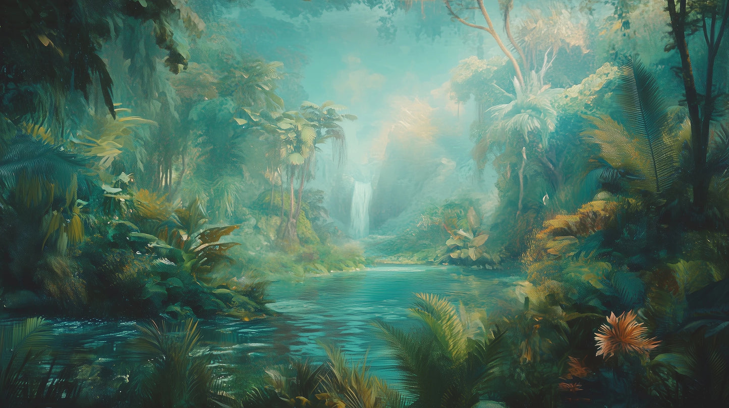 Prezentacja całego wzoru fototapety o nazwie CRYSTAL STREAM - tapeta z mistyczną laguną w tropikalnym lesie