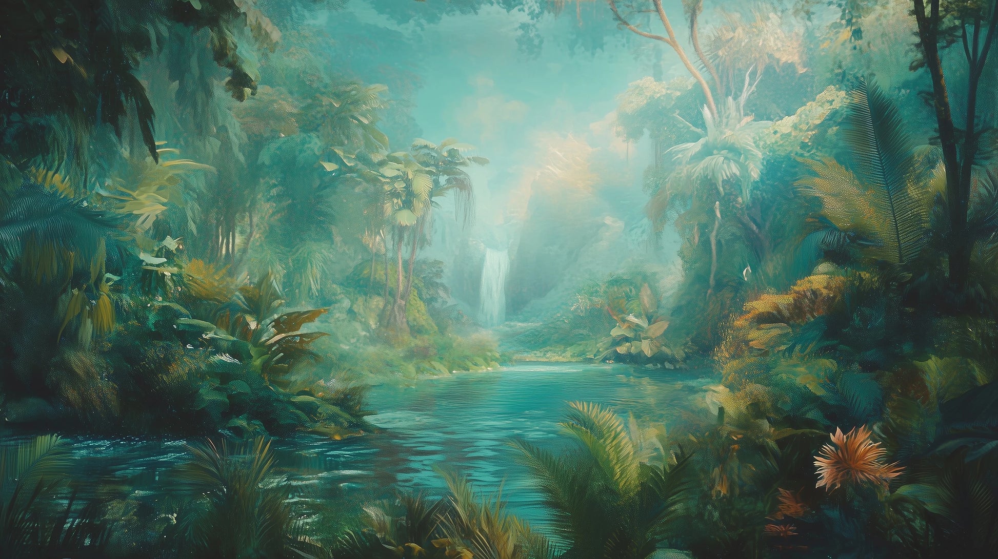 Prezentacja całego wzoru fototapety o nazwie CRYSTAL STREAM - tapeta z mistyczną laguną w tropikalnym lesie