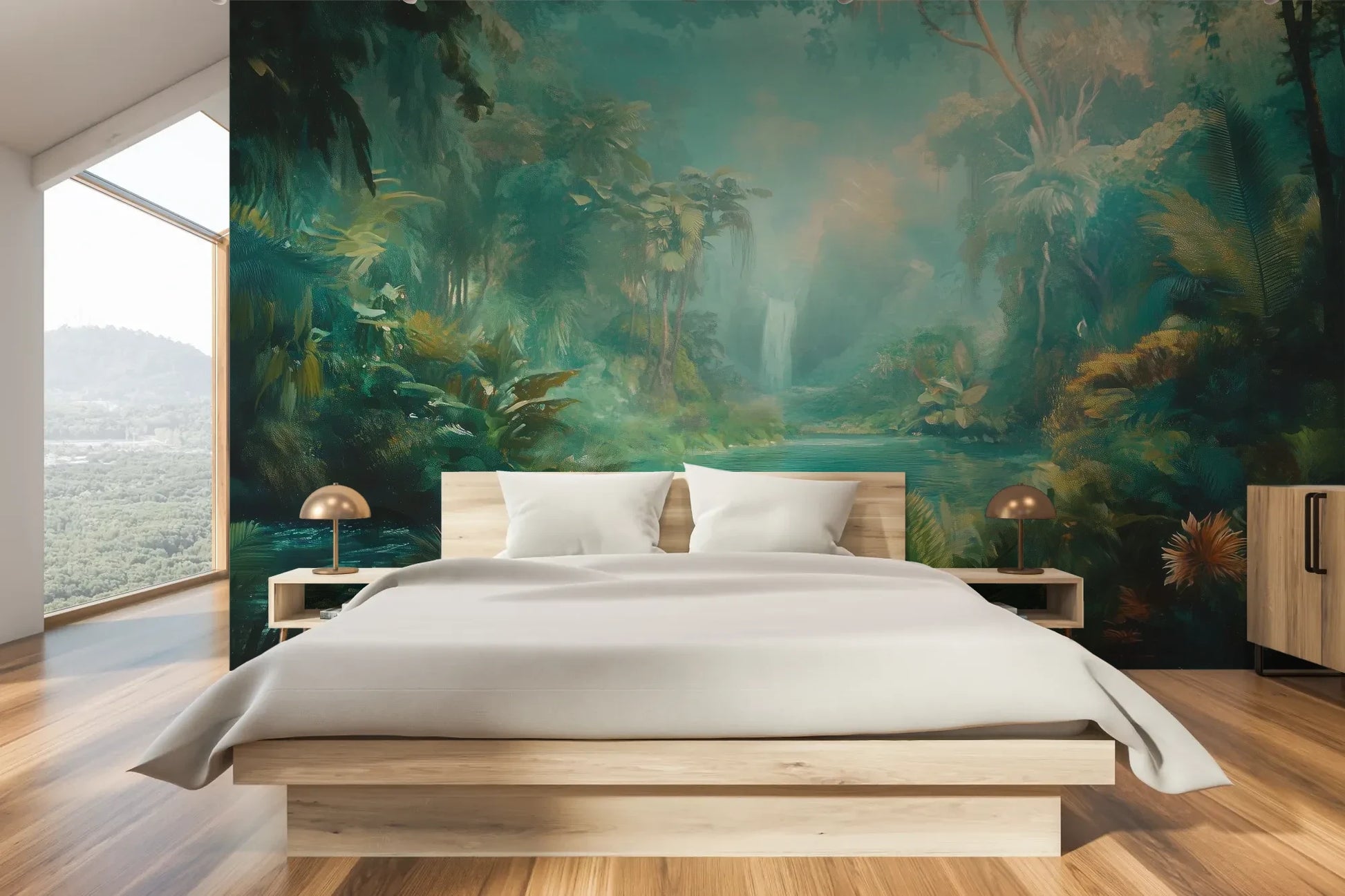 Wzór fototapety CRYSTAL STREAM - tapeta z mistyczną laguną w tropikalnym lesie pokazanej w aranżacji sypialni.