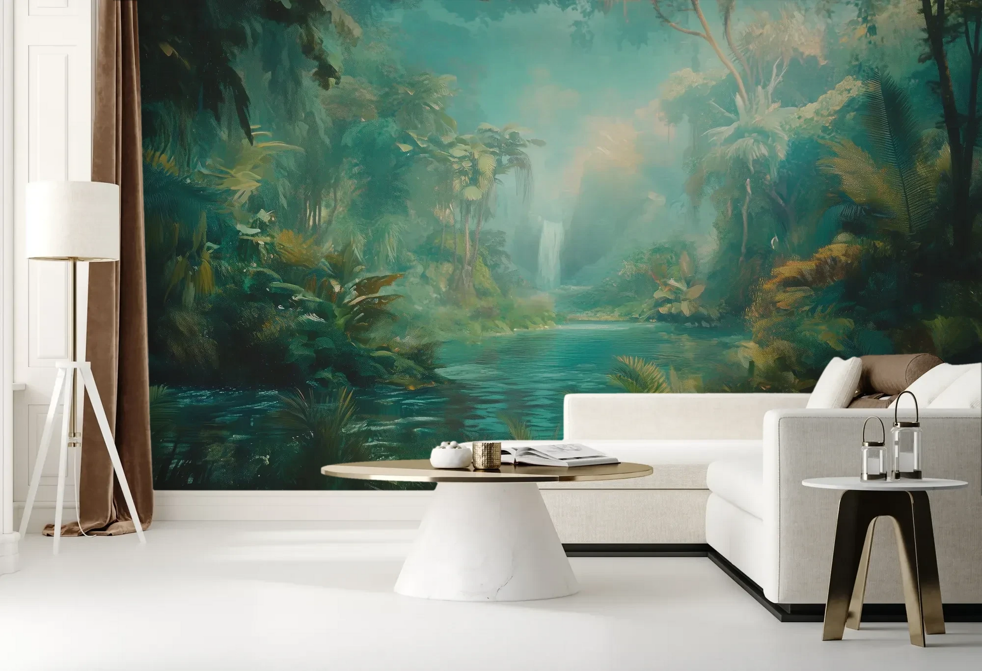 Wzór fototapety CRYSTAL STREAM - tapeta z mistyczną laguną w tropikalnym lesie pokazanej w aranżacji salonu.