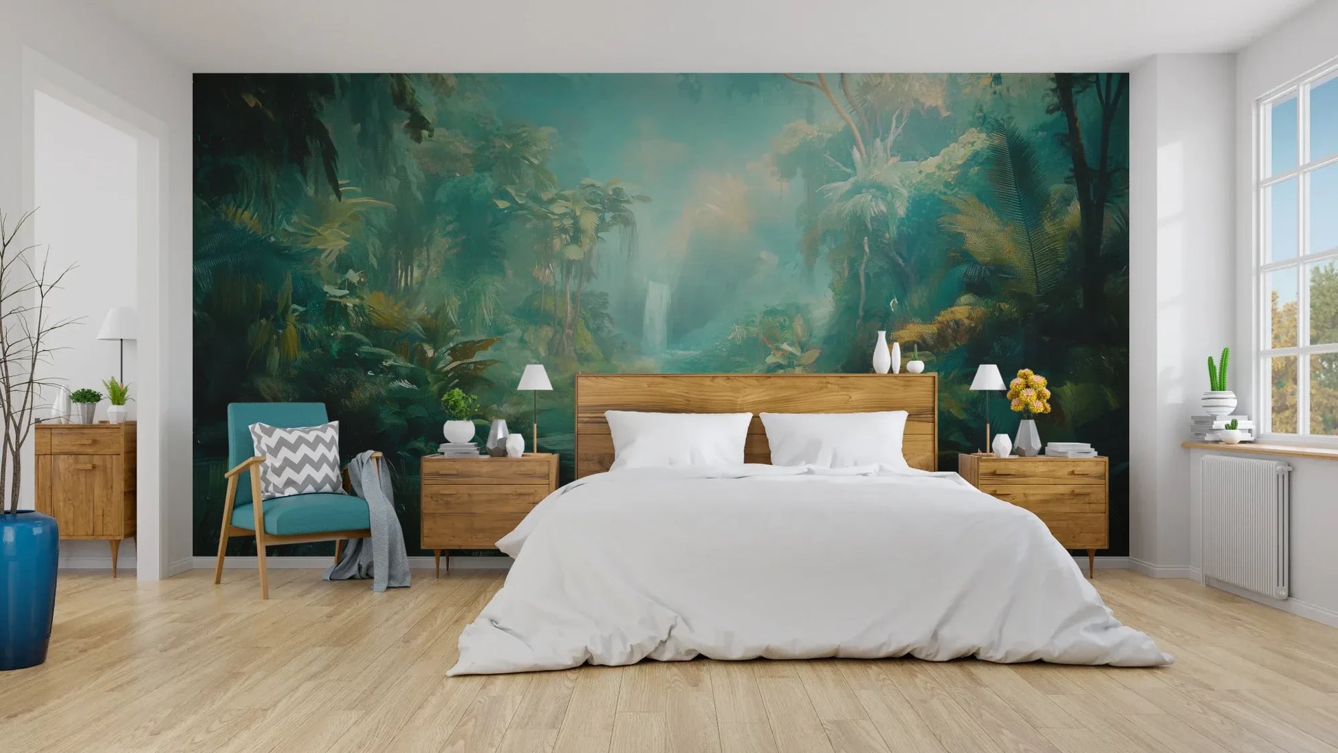 Wzór fototapety CRYSTAL STREAM - tapeta z mistyczną laguną w tropikalnym lesie pokazanej w aranżacji sypialni.