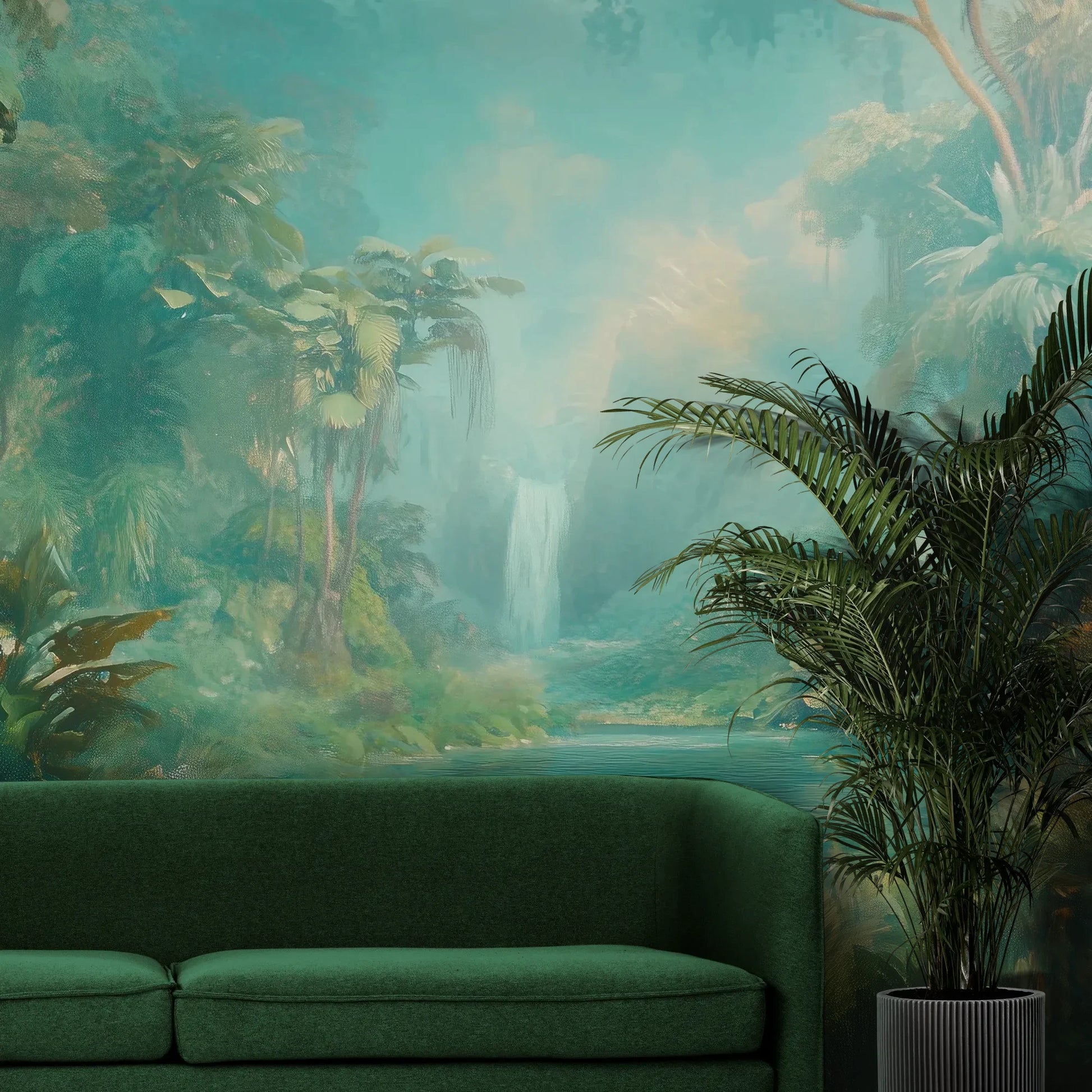 Fototapeta CRYSTAL STREAM - tapeta z mistyczną laguną w tropikalnym lesie pokazana w aranżacji wnętrza z akcentem na ścianie.