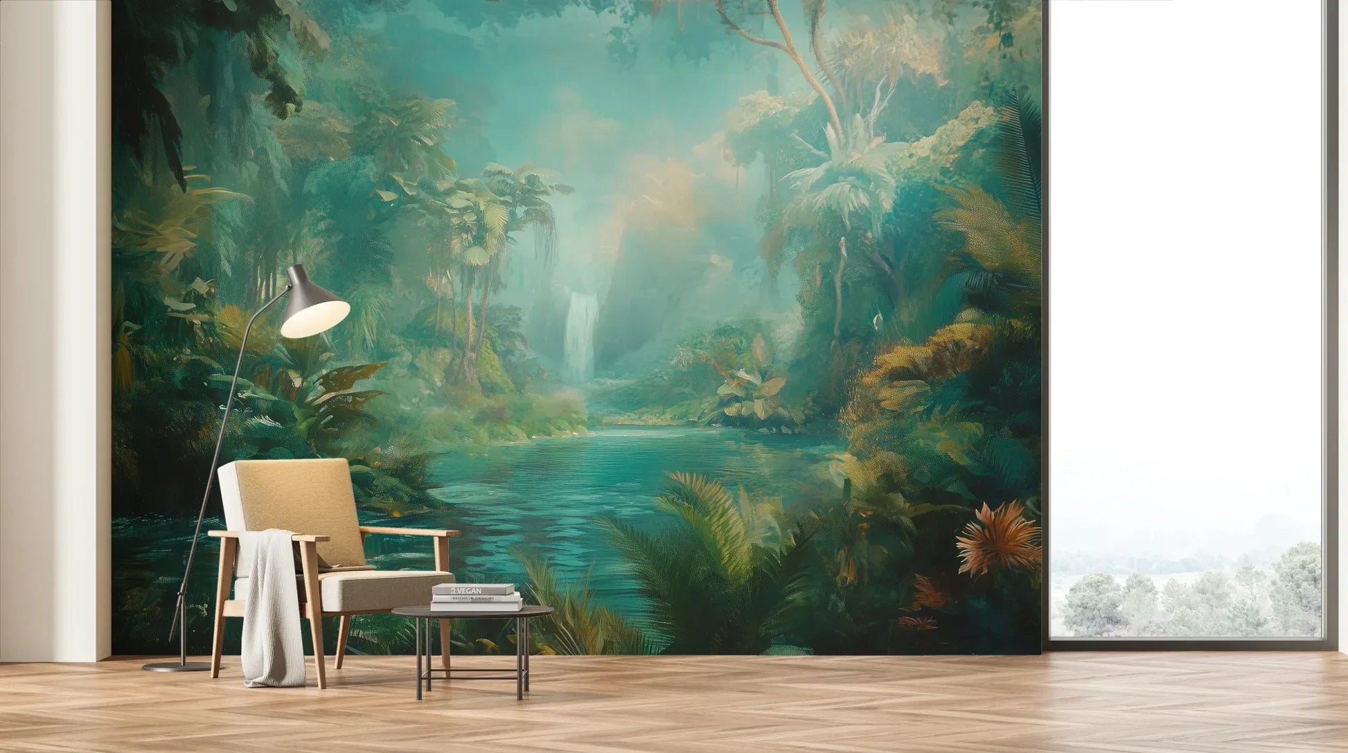 Wzór fototapety CRYSTAL STREAM - tapeta z mistyczną laguną w tropikalnym lesie pokazanej w aranżacji salonu.