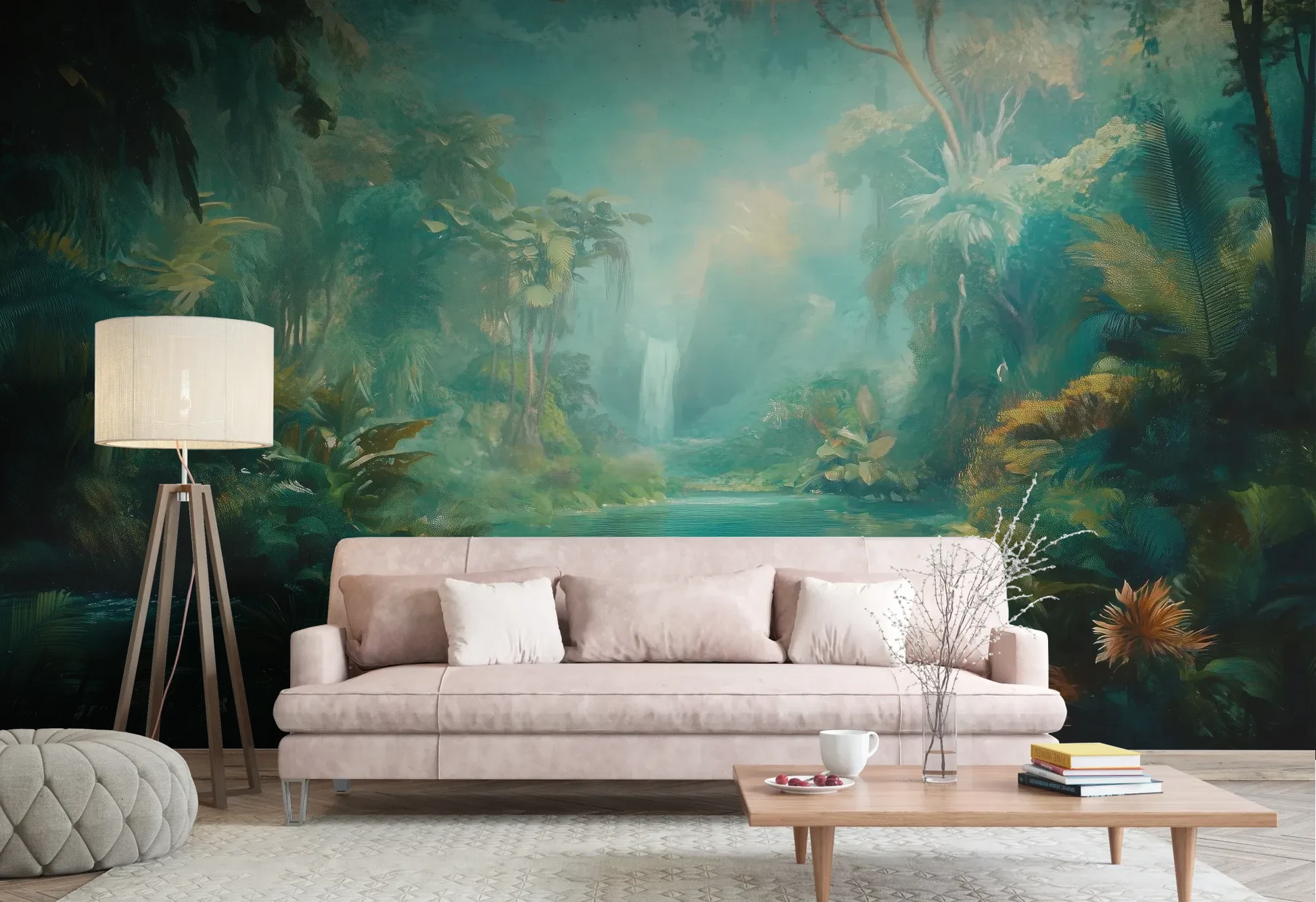 Wzór fototapety CRYSTAL STREAM - tapeta z mistyczną laguną w tropikalnym lesie pokazanej w aranżacji salonu.