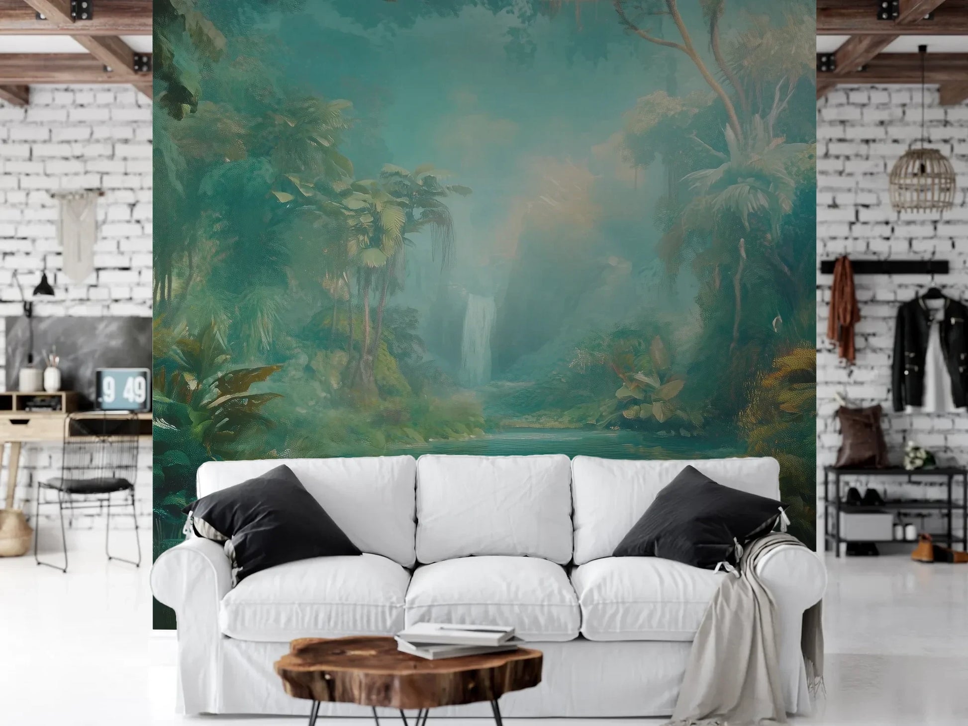 Wzór fototapety CRYSTAL STREAM - tapeta z mistyczną laguną w tropikalnym lesie pokazanej w aranżacji salonu.
