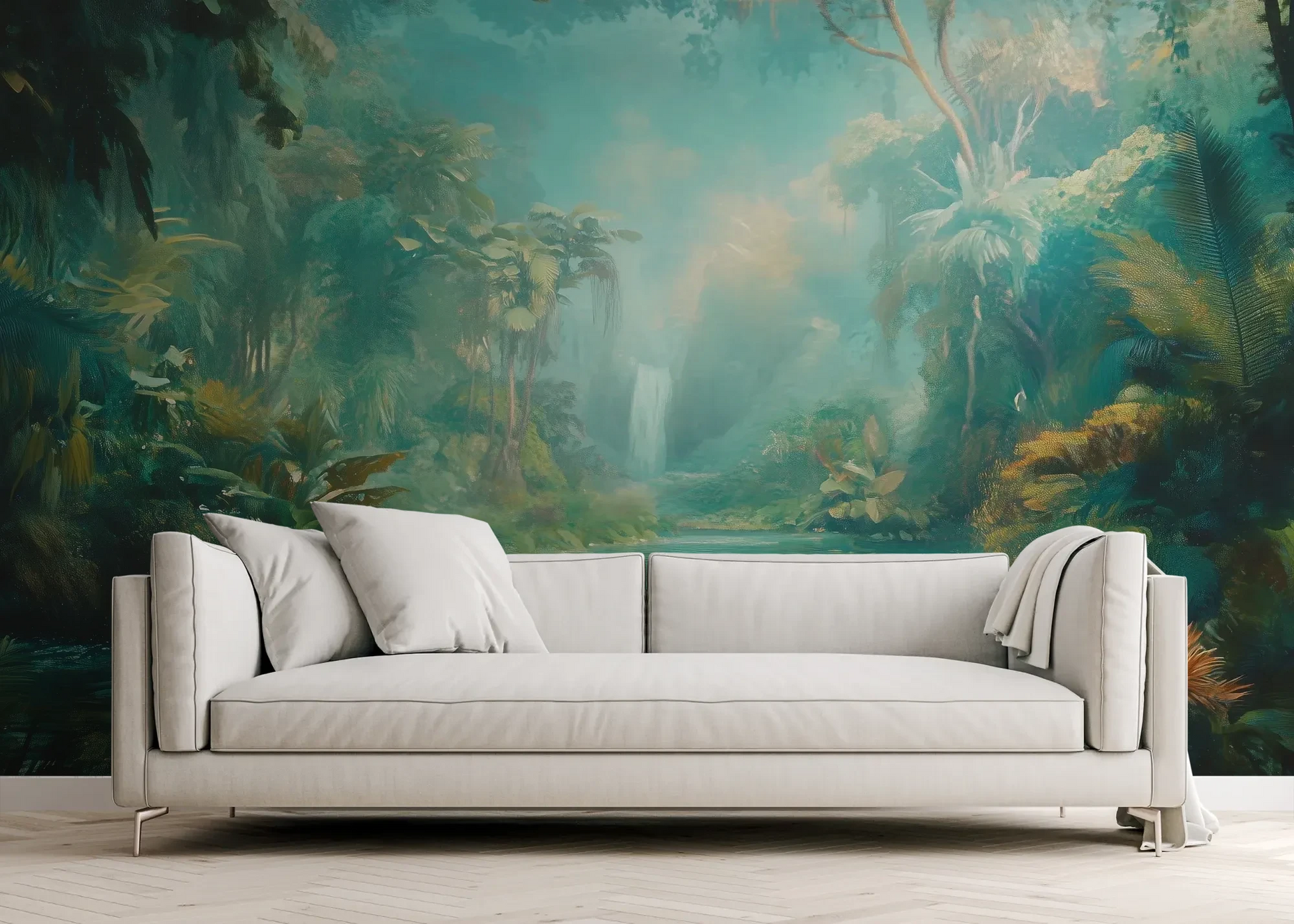 Wzór fototapety CRYSTAL STREAM - tapeta z mistyczną laguną w tropikalnym lesie pokazanej w aranżacji salonu.