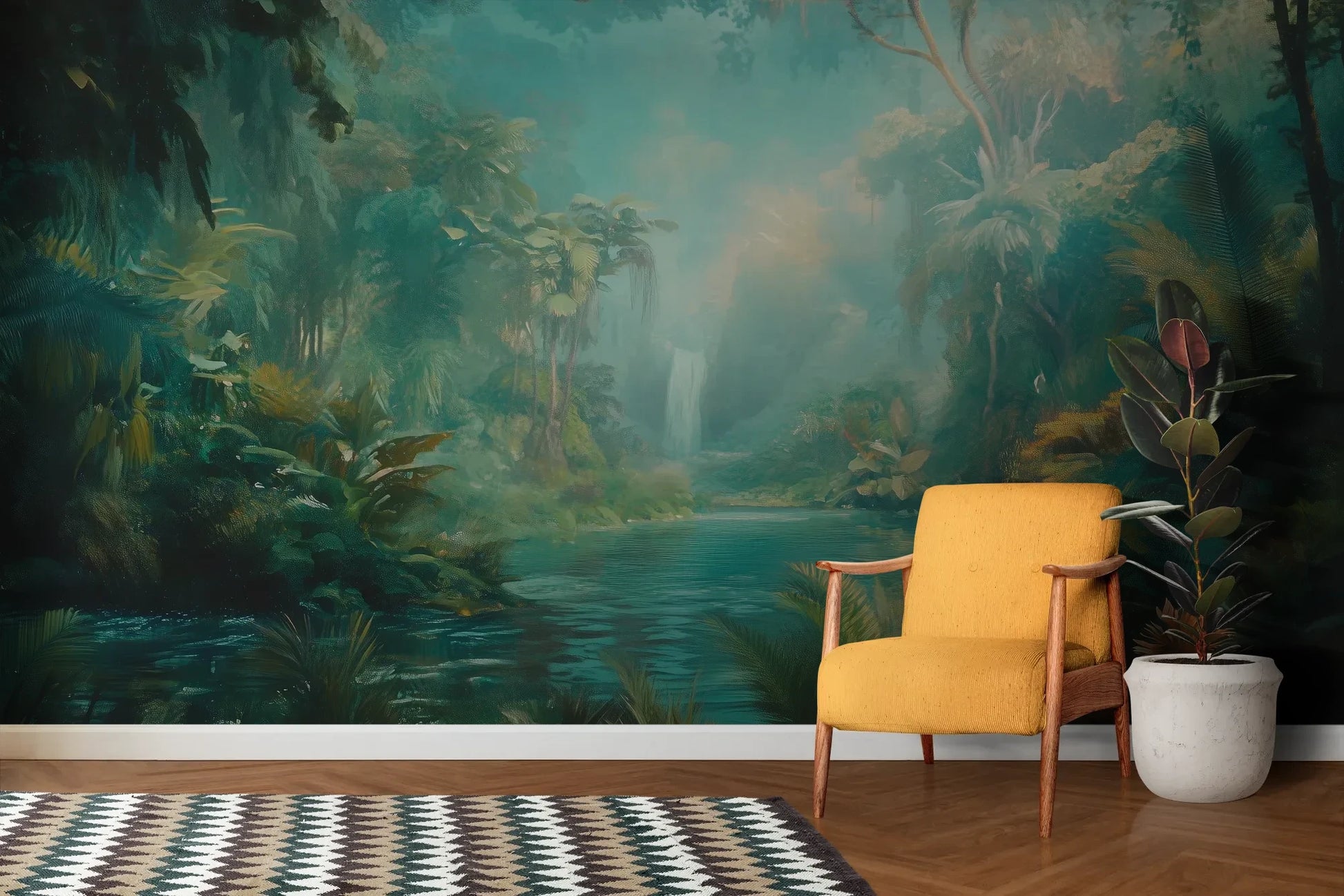 Wzór fototapety CRYSTAL STREAM - tapeta z mistyczną laguną w tropikalnym lesie pokazanej w aranżacji salonu.